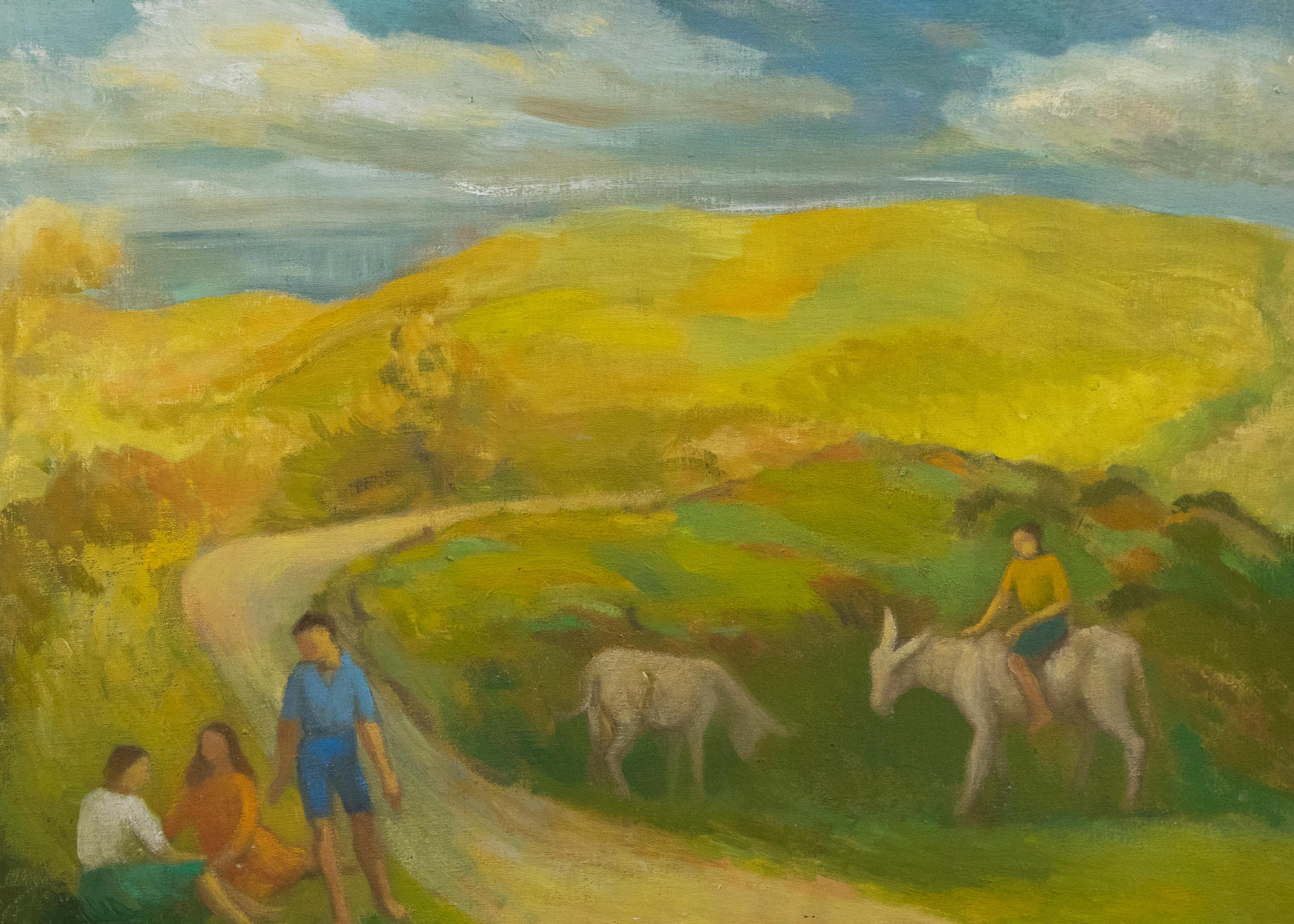 A naive mid-century landscape showing figures roaming a quiet hillside with donkeys. To the reverse of the canvas is a second painting depicting a country village scene. Both unsigned. On canvas on stretchers.