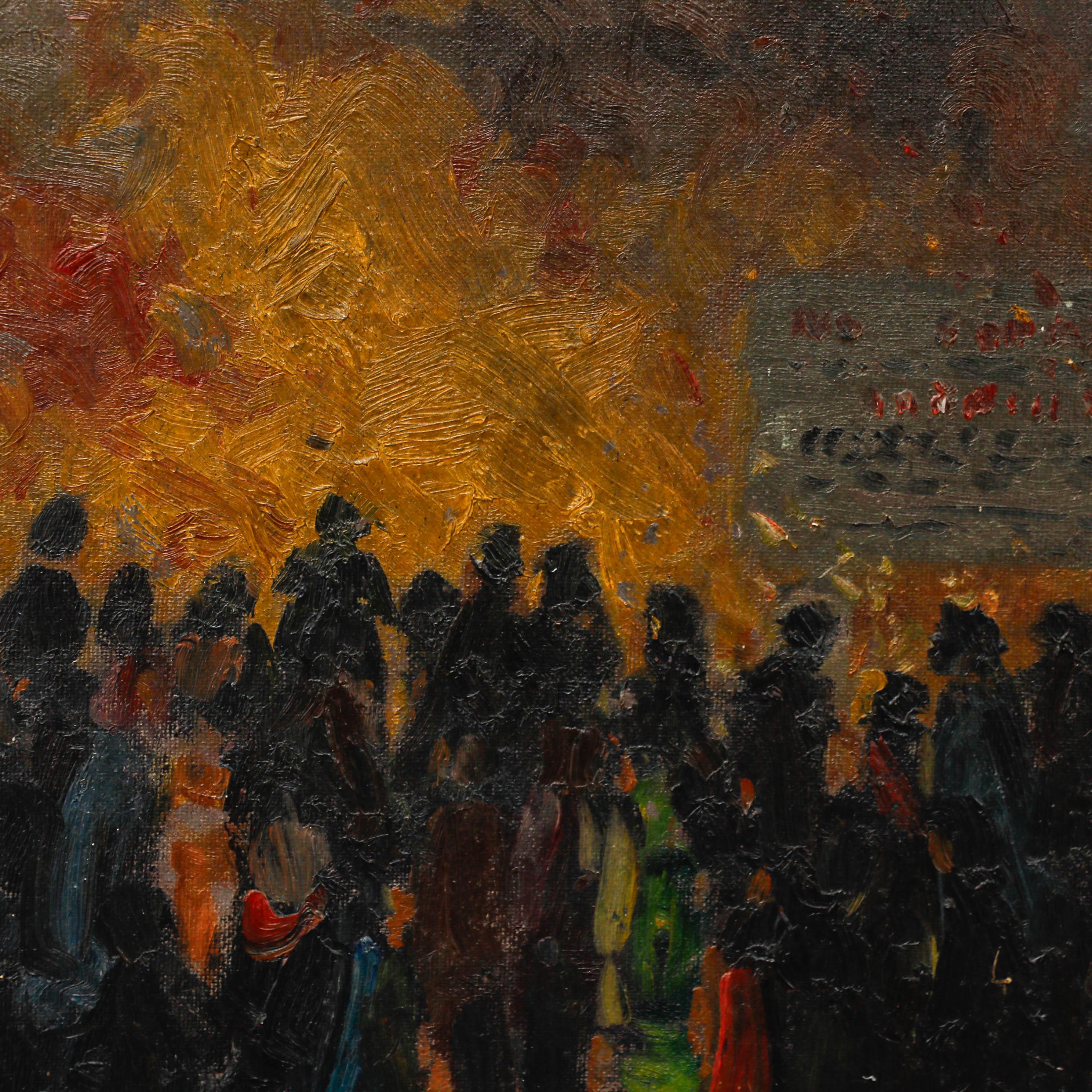 Questo dipinto evocativo cattura un grande assembramento di persone che si staglia su uno sfondo vibrante e infuocato durante la notte dei falò. L'uso da parte dell'artista di audaci tonalità arancioni e gialle in contrasto con le figure scure crea