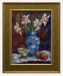 Douglas Hutton (geb. 1950) - Gerahmtes Contemporary Öl, Blaue Vase Stillleben