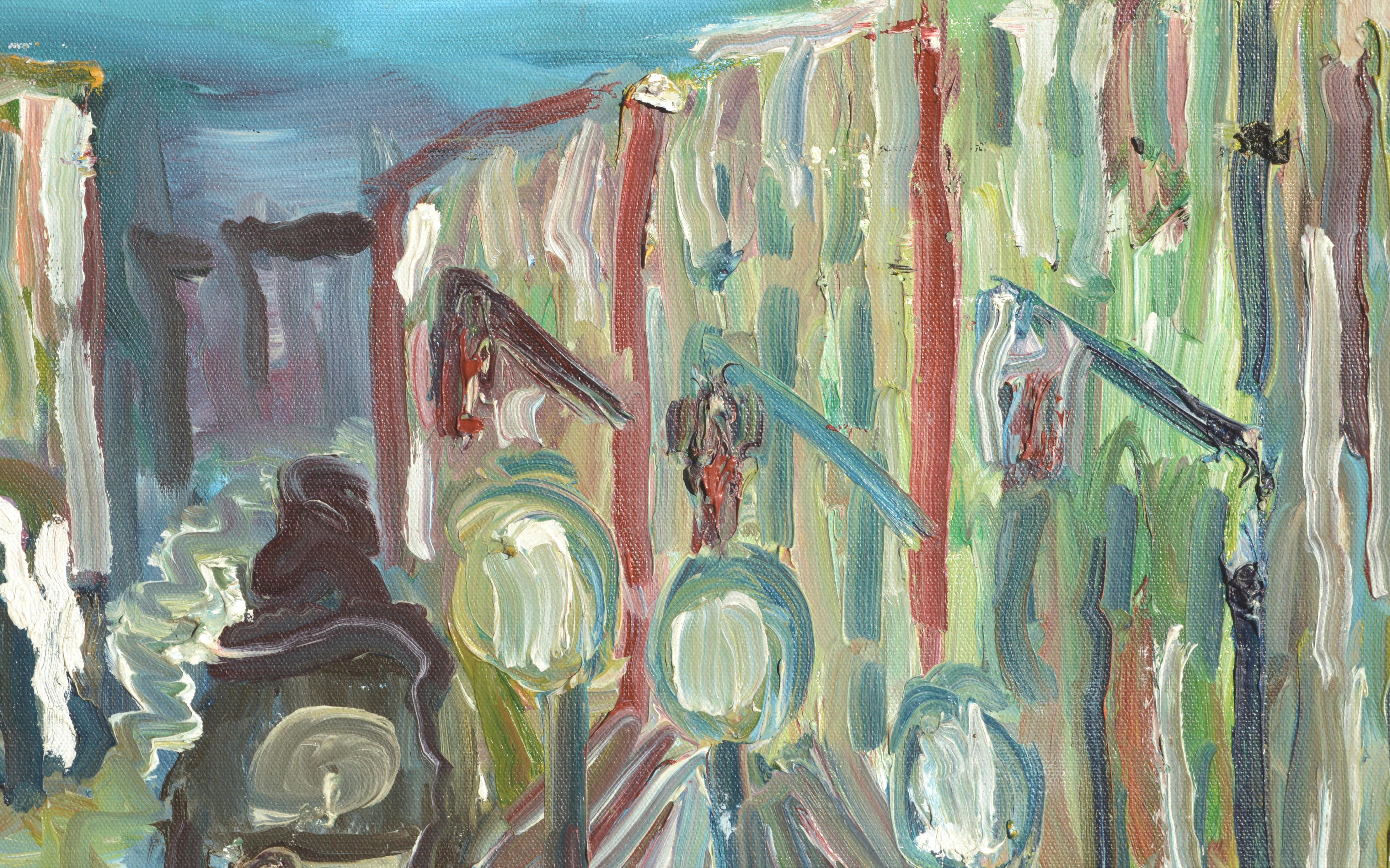 Downtown Parade - Expressionist Cityscape - Contemporary Painting by Unknown