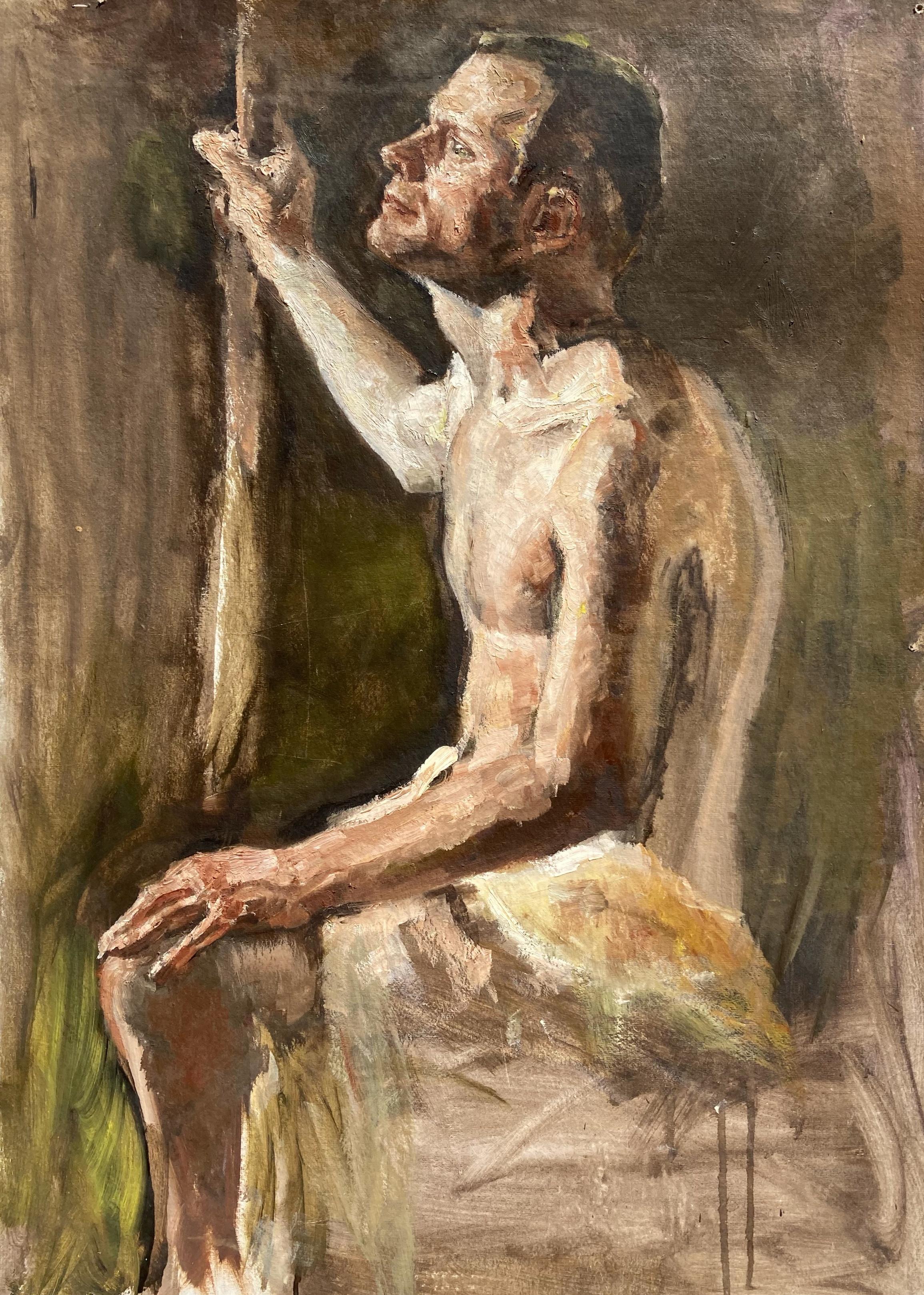 Unknown Figurative Painting - Dreamer (Mid-Century Impressionist European Nude Man Portrait Painting)