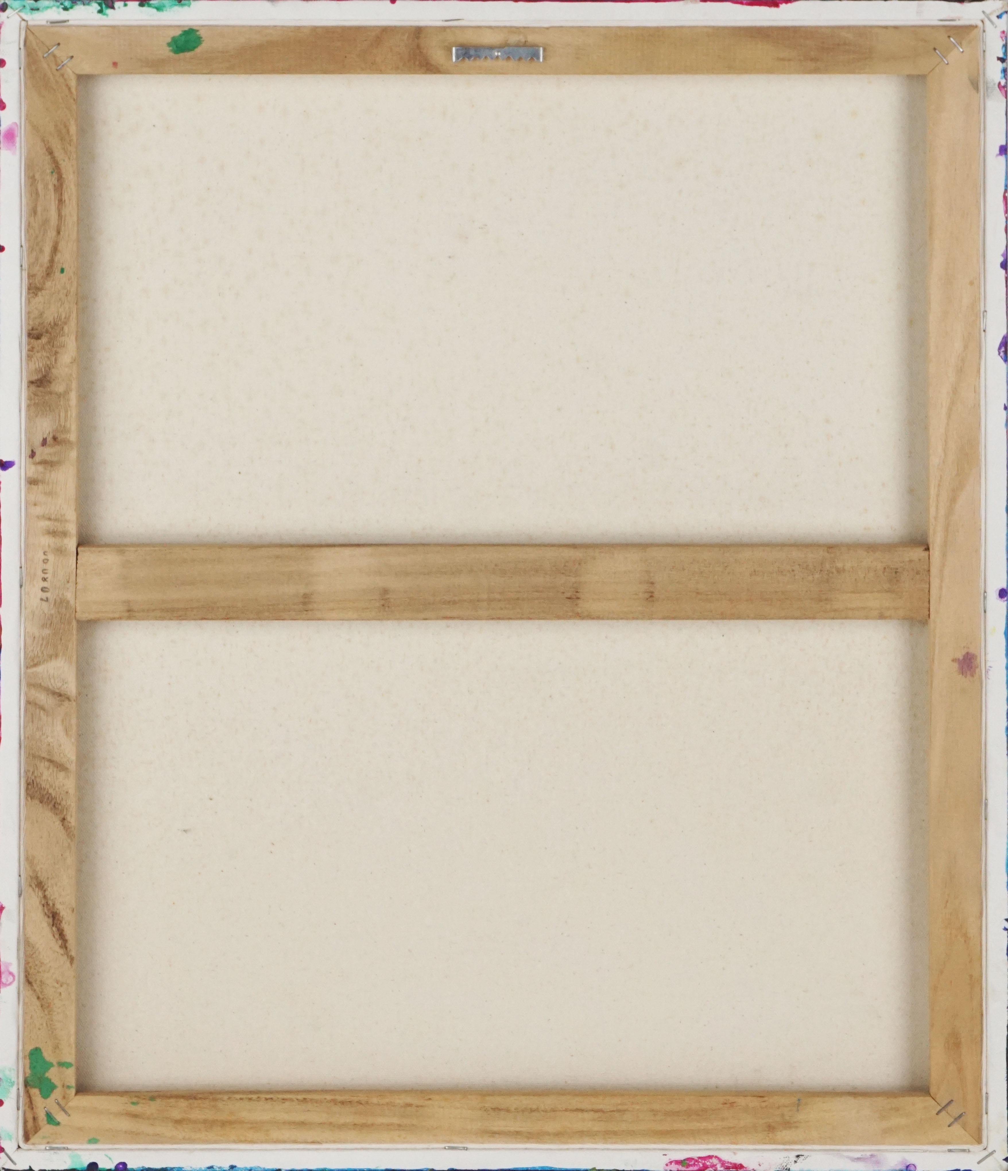 Un bellissimo quadro astratto vibrante con i colori verde, rosso, blu e giallo che dominano la tela con un punto focale quadrato verde acqua delineato in bianco. Firmato in modo illeggibile in basso a destra. Immagine, 24