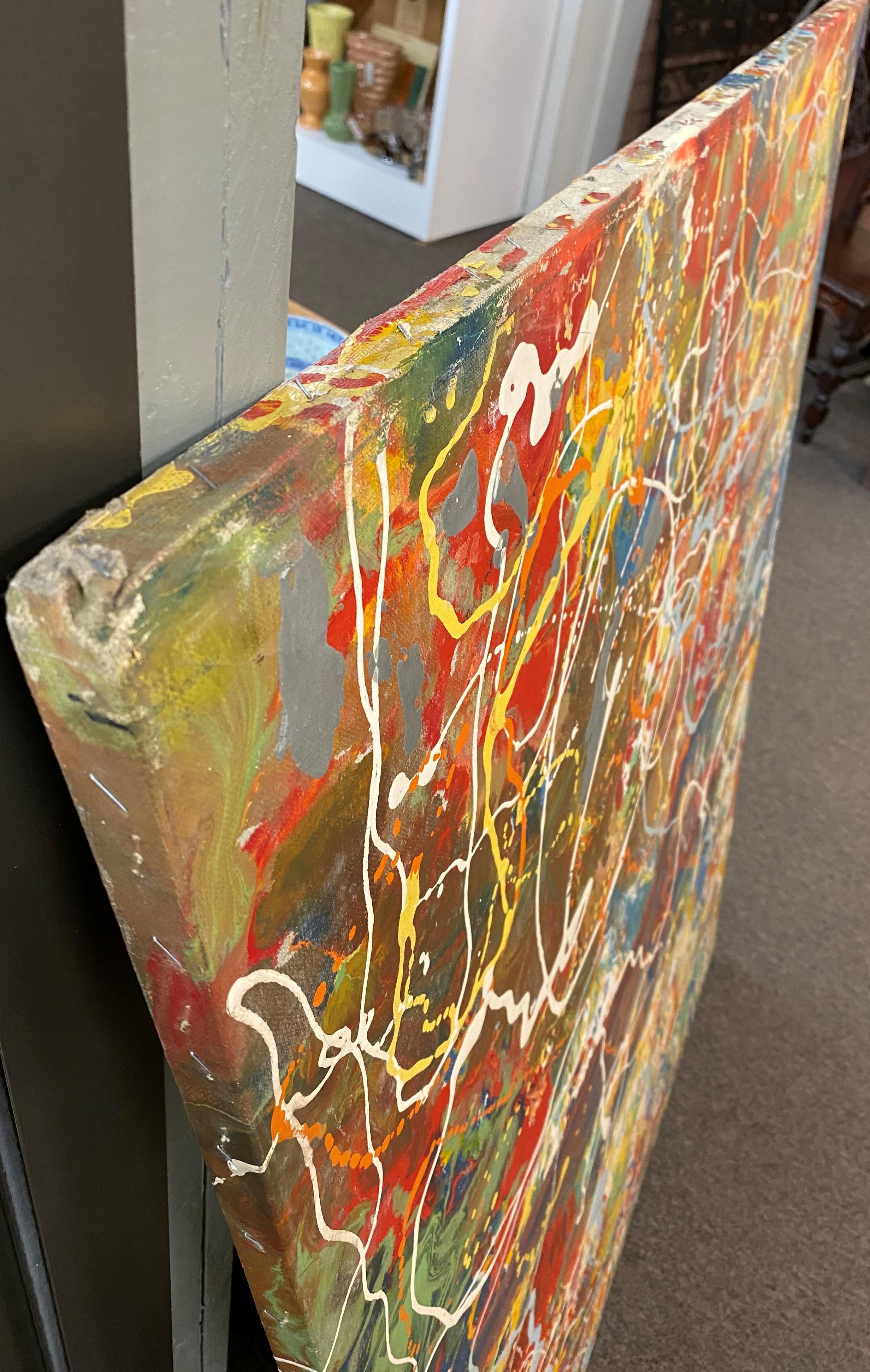 A colorful drip abstract oil painting on canvas, unsigned and unframed, acquired from a Long Island, New York estate. Dates to the 1950’s in very good original condition, with some minor moisture stains visible on verso canvas along the stretcher,