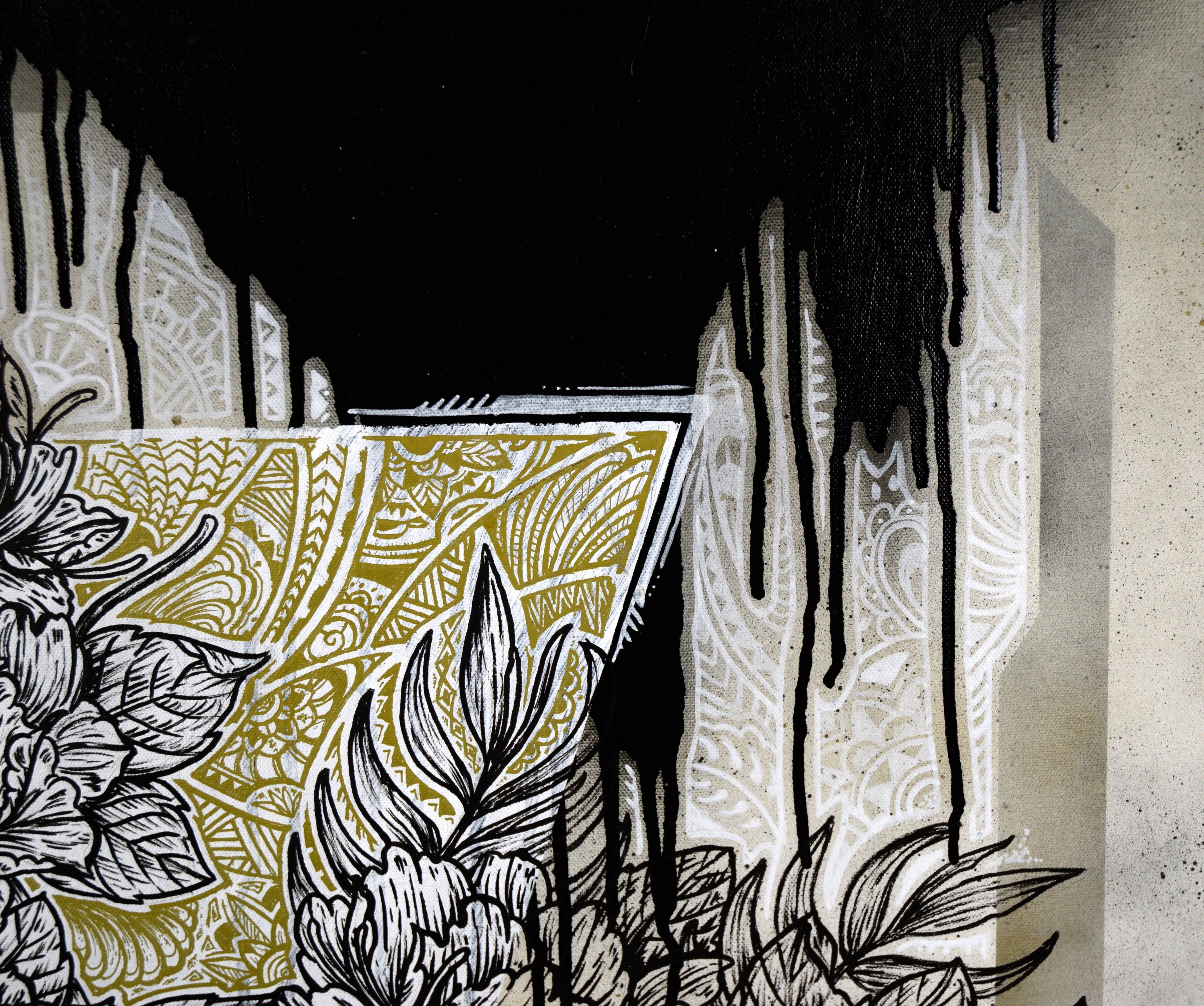 Drips and Flowers - Zeitgenössische Blumenkomposition in Acryl auf Leinwand – Painting von Unknown