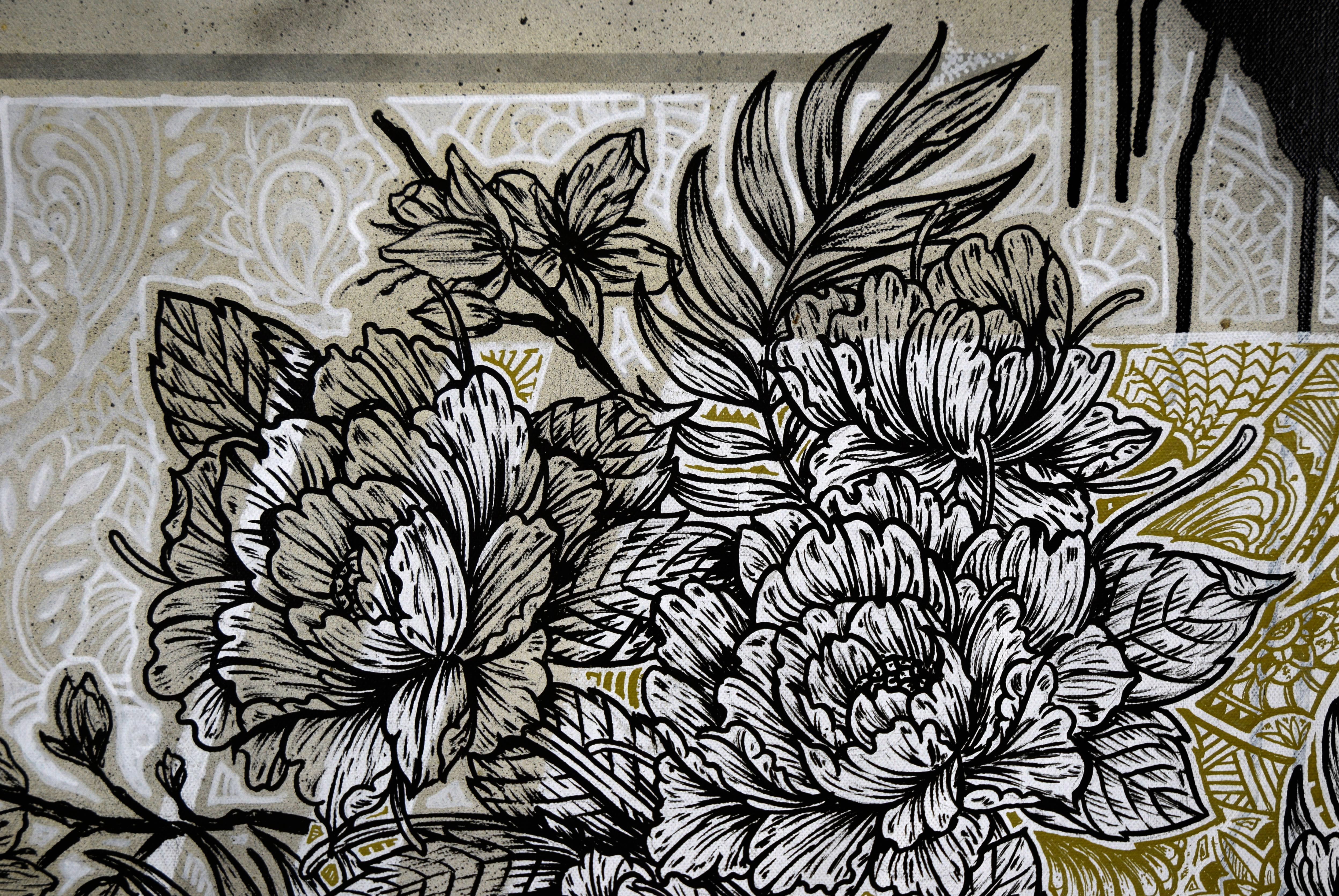 Drips and Flowers - Zeitgenössische Blumenkomposition in Acryl auf Leinwand (Grau), Still-Life Painting, von Unknown