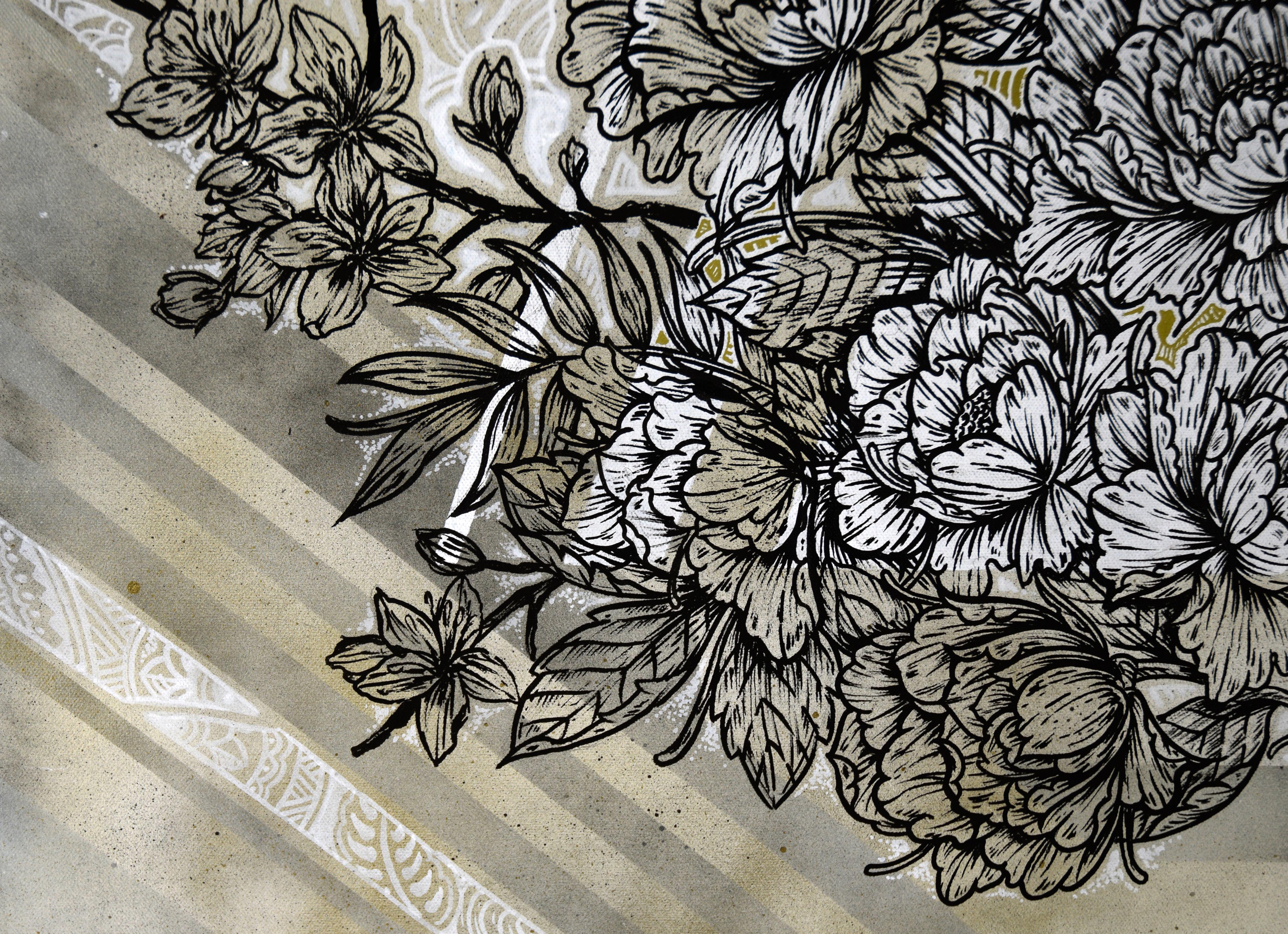 Drips and Flowers - Zeitgenössische Blumenkomposition in Acryl auf Leinwand im Angebot 1