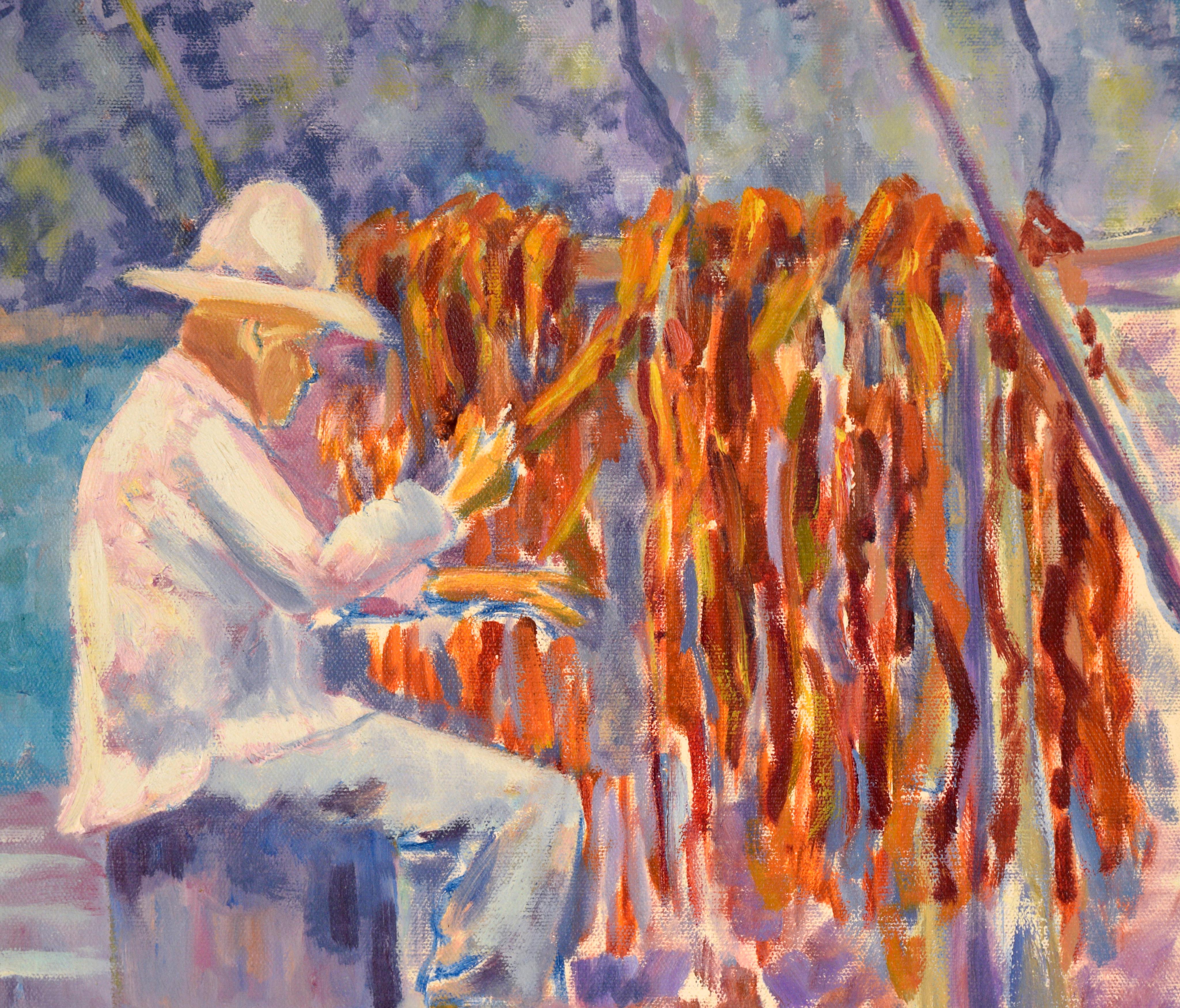 Drying Salmon Native American Smoke Tent - Figurative Oil on Canvas  - Brown Figurative Painting by Unknown