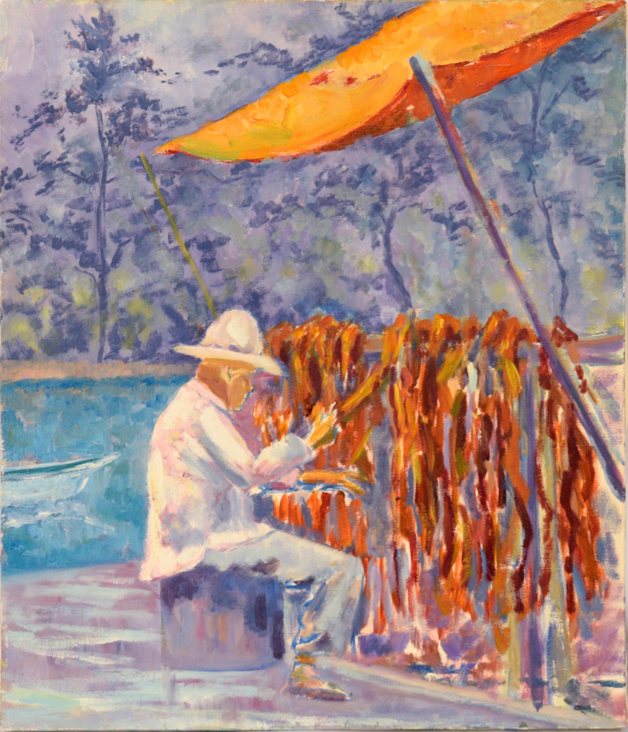 Drying Salmon Native American Smoke Tent - Figurative Oil on Canvas 