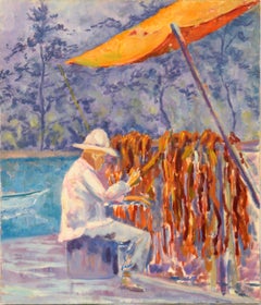Tente amérindienne à fumer au saumon séché - Huile sur toile figurative 
