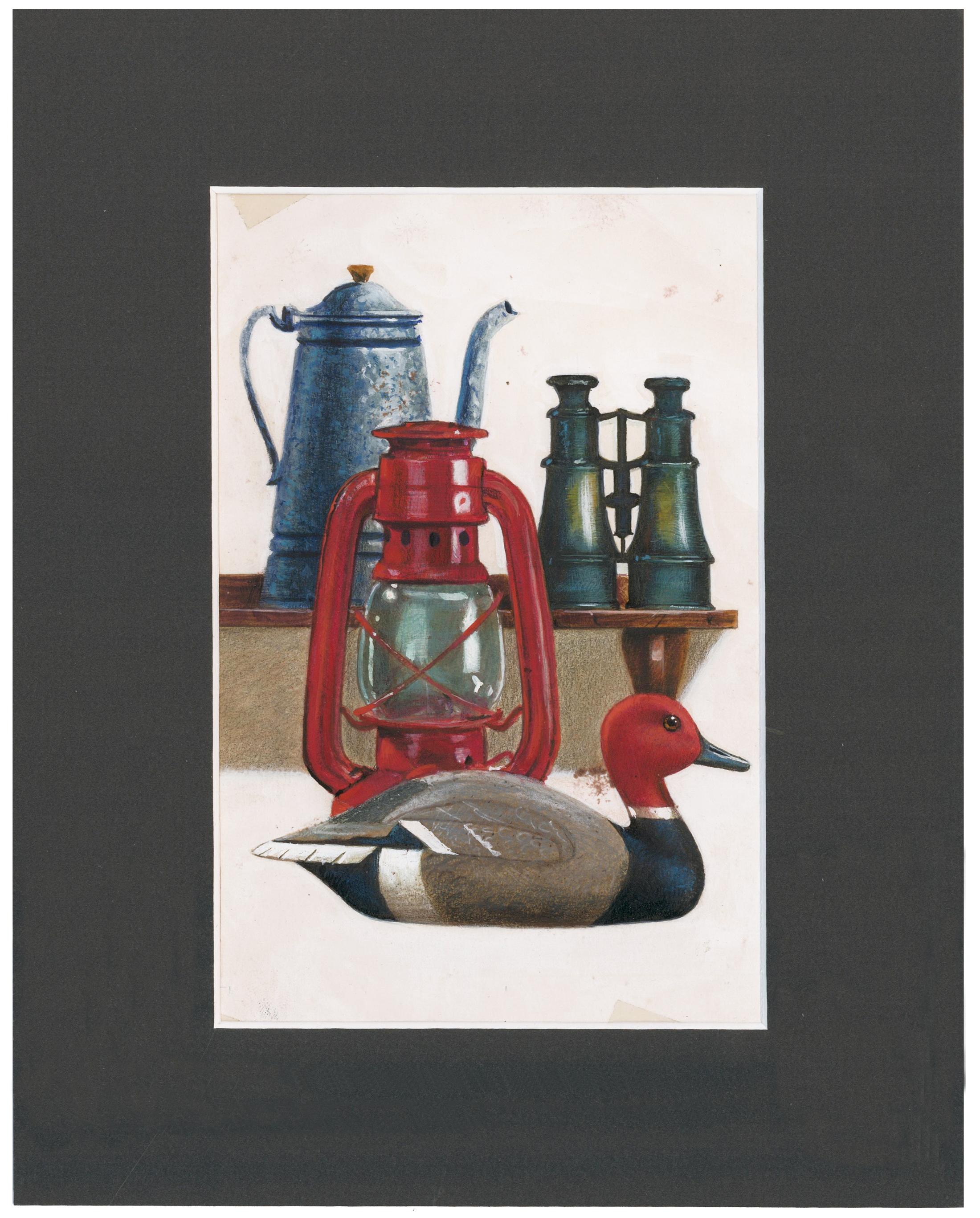 Duck Decoy, Lantern & Binoculars Gouache - Painting by Unknown