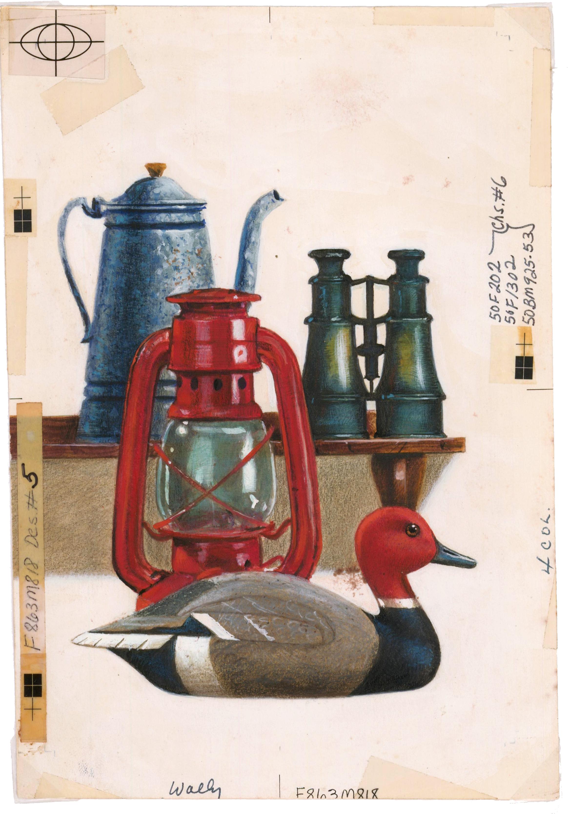 Décoration canard et lanternes à gouache - Gris Still-Life Painting par Unknown