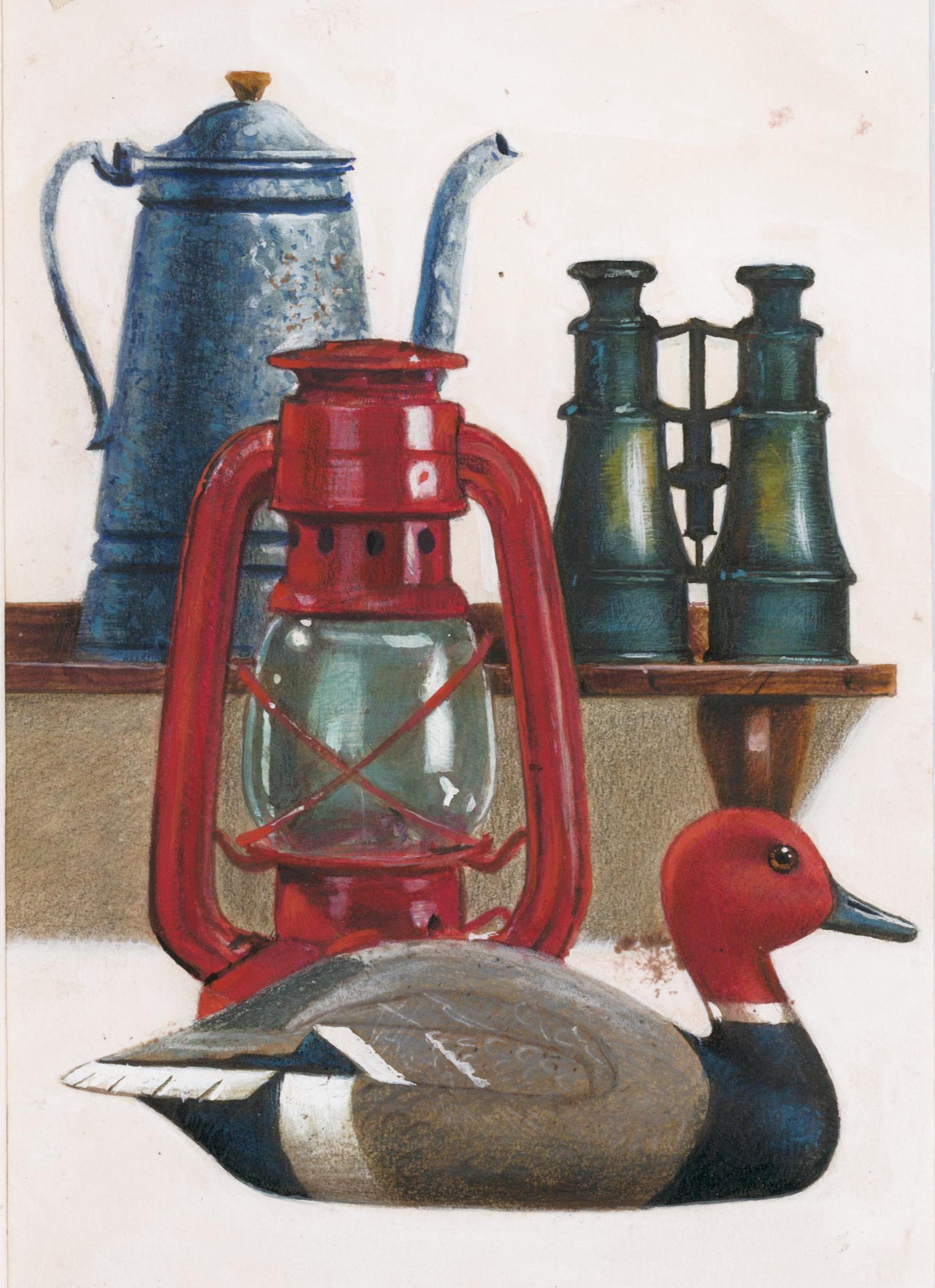 Unknown Still-Life Painting - Duck Decoy, Lantern & Binoculars Gouache