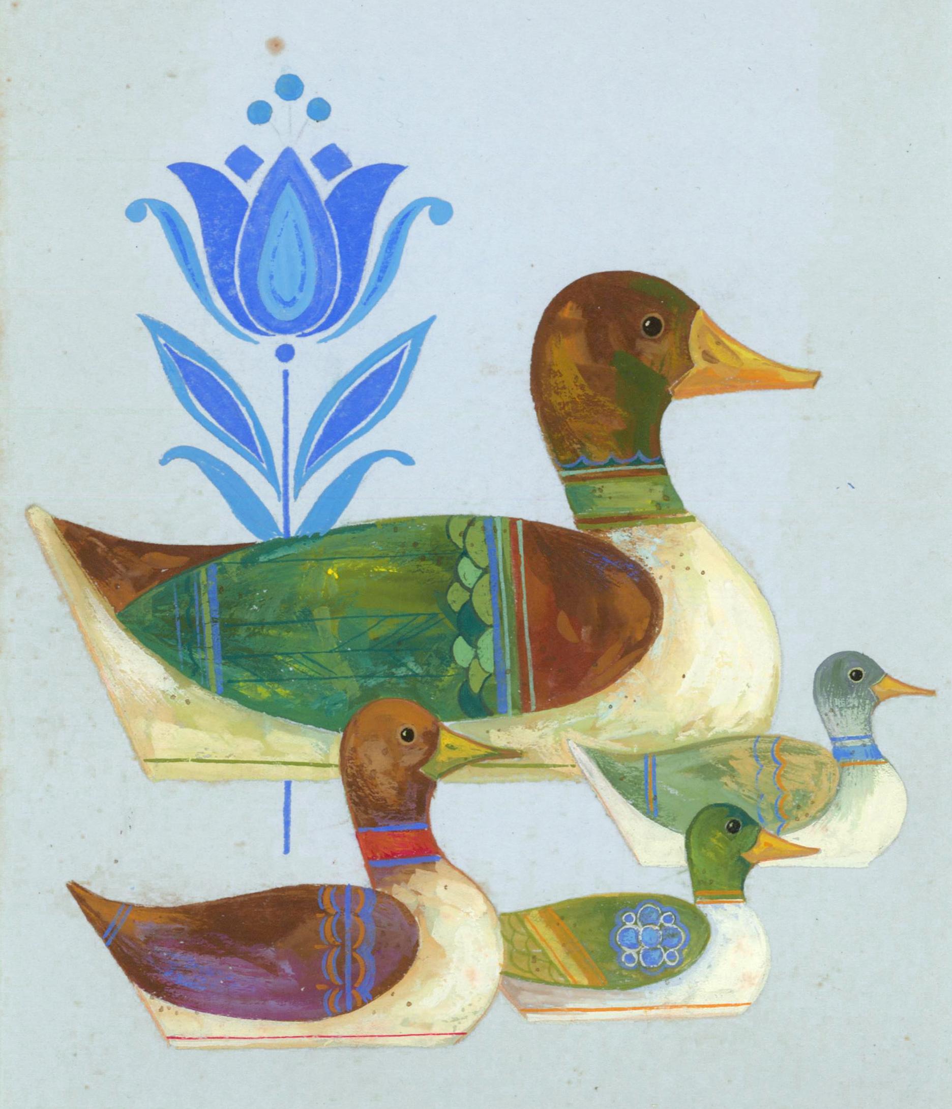 Unknown Still-Life Painting - Duck Decoys Watercolor