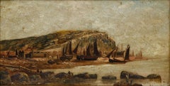 Ducker - Framed 1889 Oil, Fishing Boats Beneath Cliffs