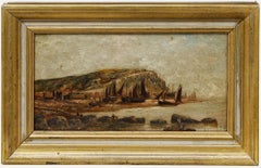 Ducker - Framed 1889 Oil, Fishing Boats Beneath Cliffs