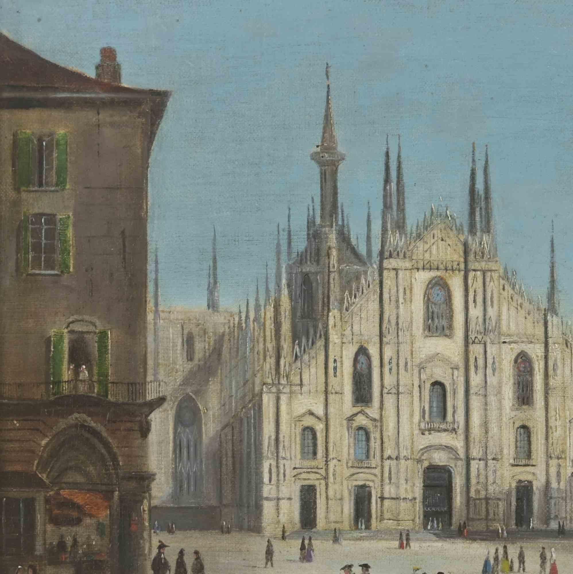 Duomo of Milan with Pesants- Oil Painting - 18th Century For Sale 1