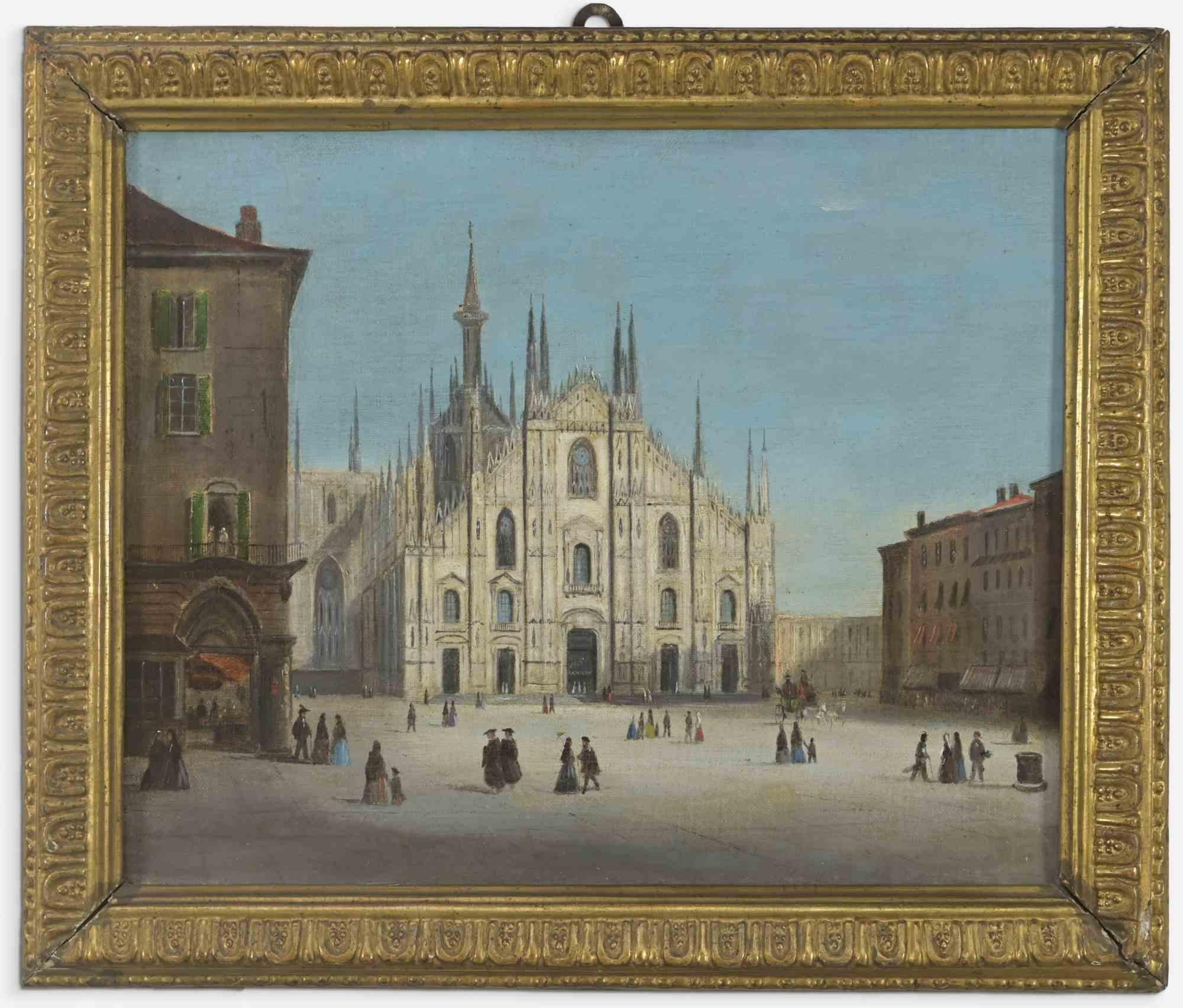Unknown Figurative Painting - Duomo of Milan with Pesants- Oil Painting - 18th Century