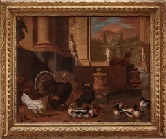 Dutch 18th century painting of birds and ornamental fowl with classical ruins