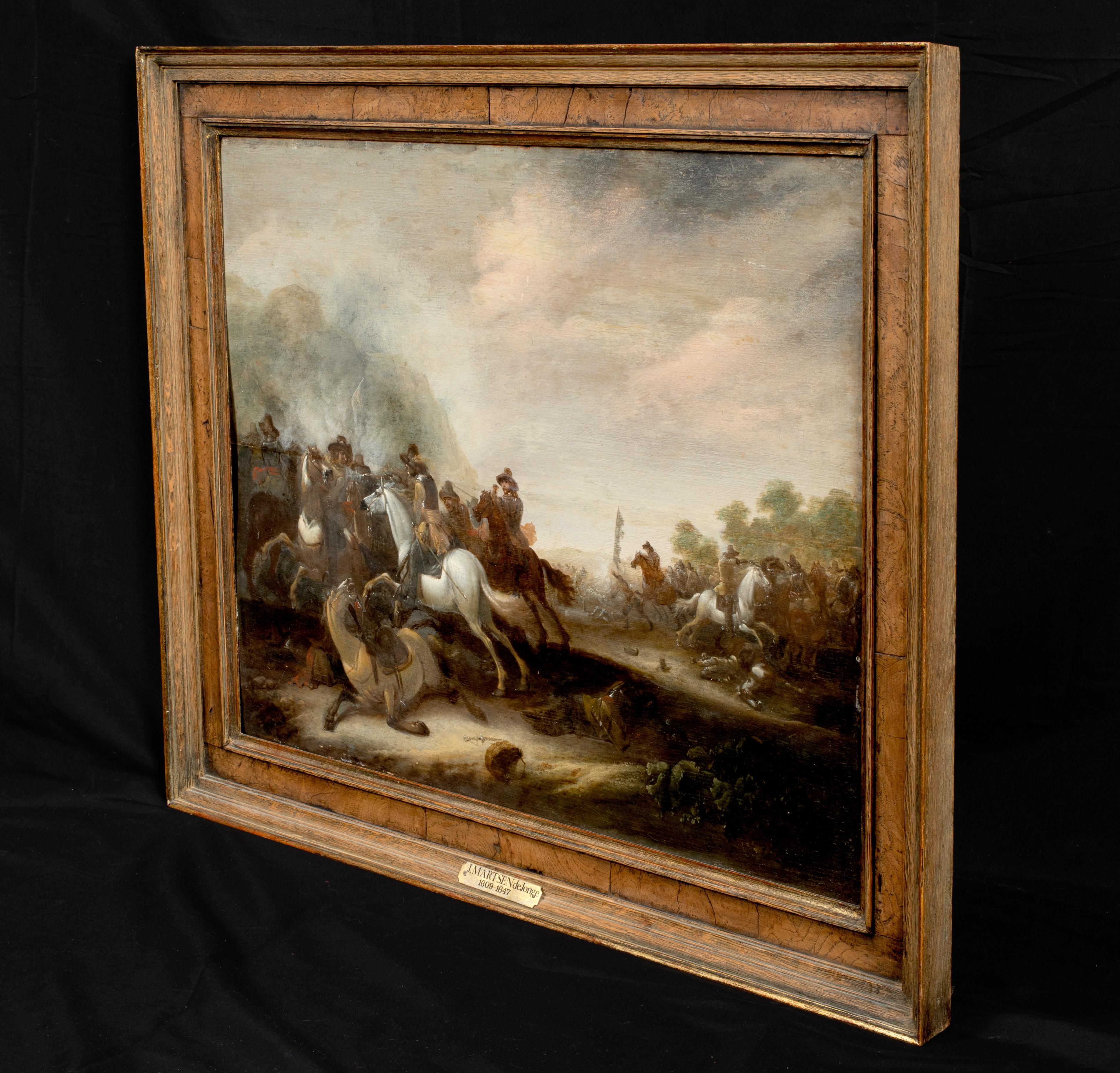 Dutch Cavalry Skirmish, 17th Century 

by Jan Martszen the Younger (1609-1647)

Large 17th Century Dutch Old Master cavalry skirmish in a landscape, oil on panel by Jan Martszen The Younger. Excellent quality and condition example of the artists