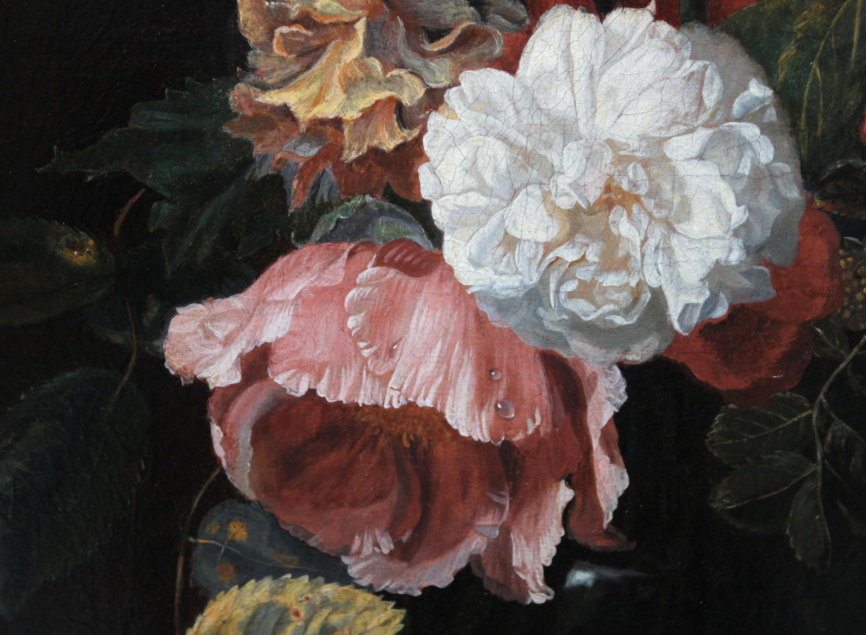  This stunning Dutch Golden Age floral still life oil painting is by an unknown artist in the circle of Old Master artist Simon Pietersz Verelst. This work based on a work by Verelst was painted circa 1690 it is a beautiful arrangement of mostly