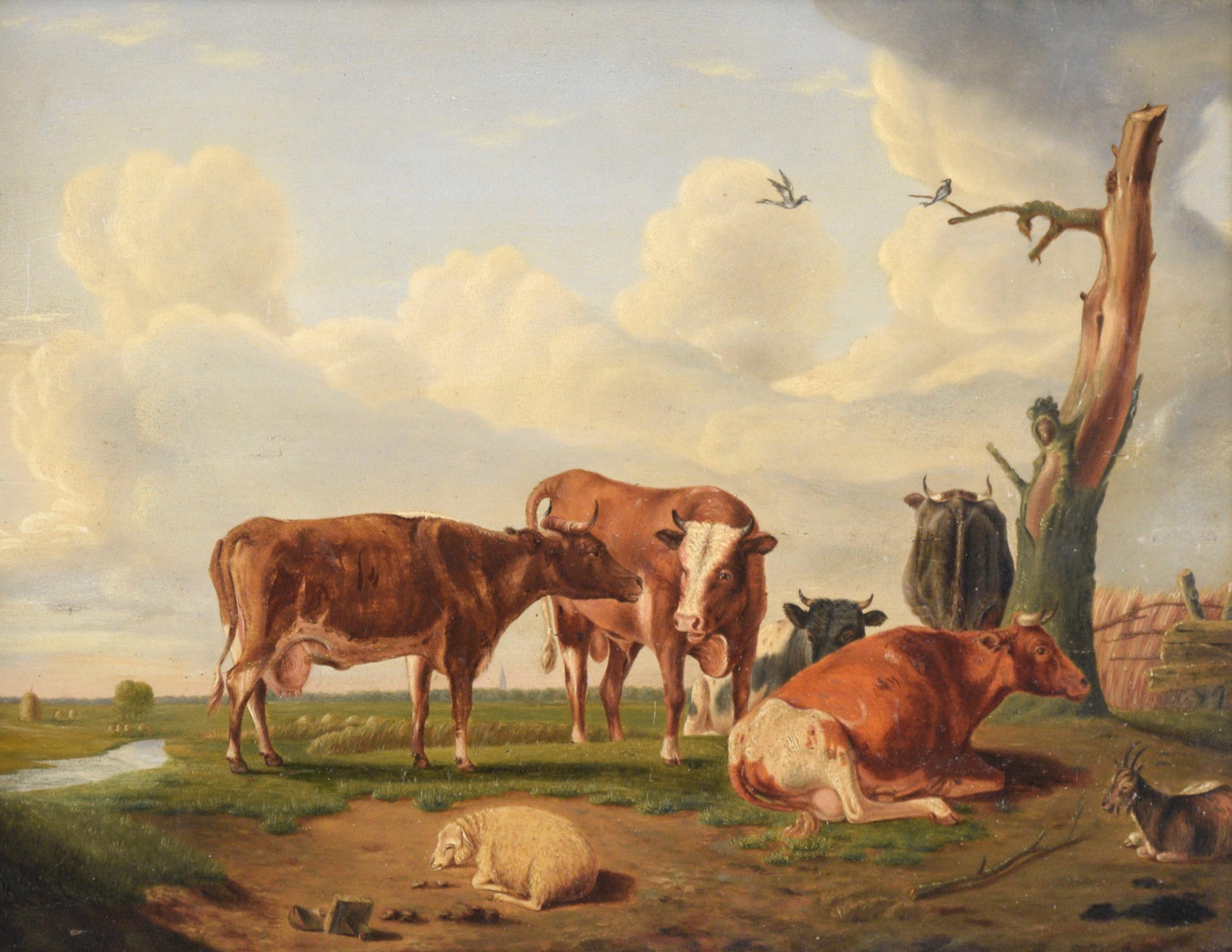 Dutch Landscape with Cows and Farm Animals - Painting by Unknown