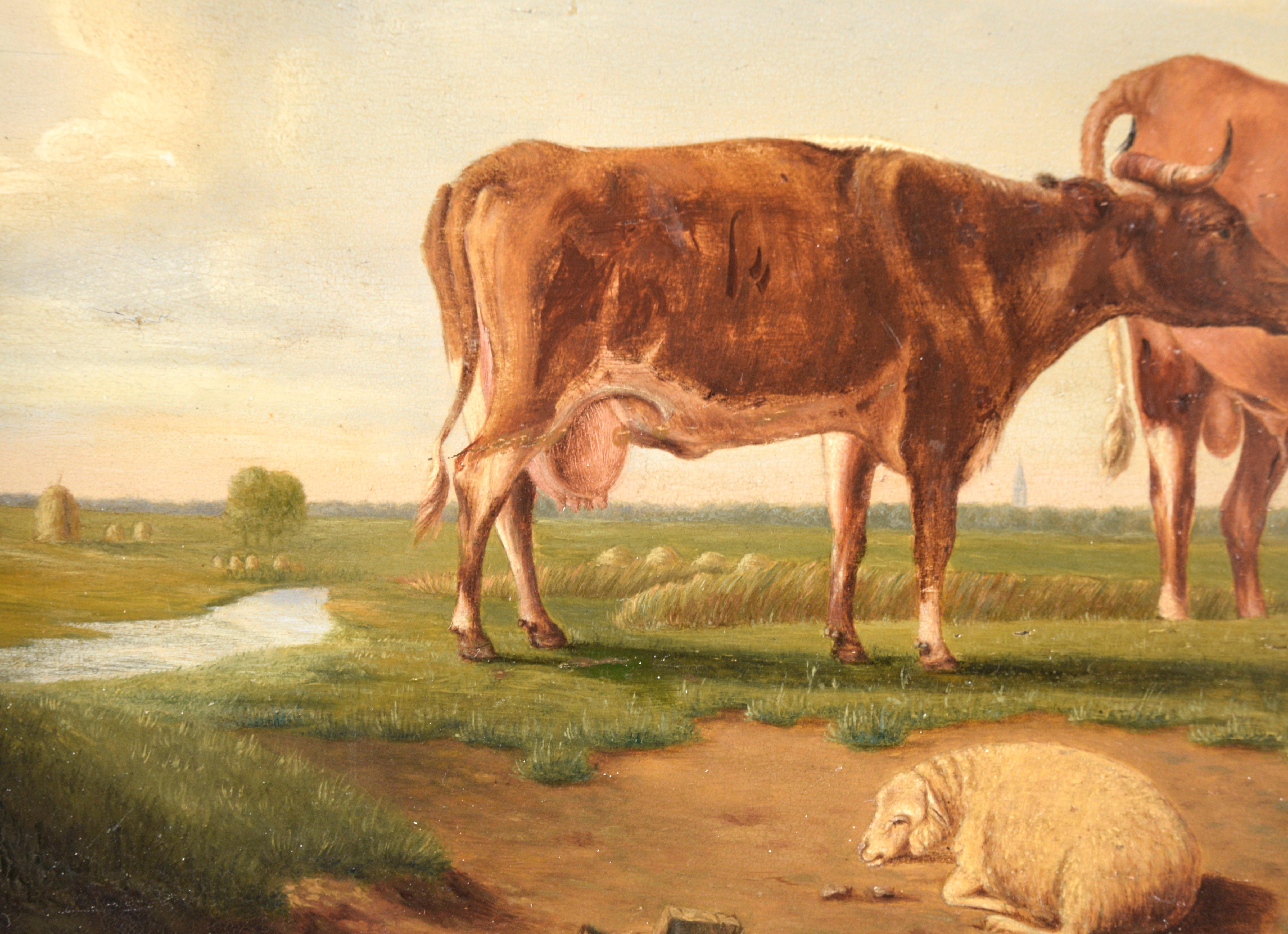Dutch Landscape with Cows and Farm Animals - Brown Animal Painting by Unknown