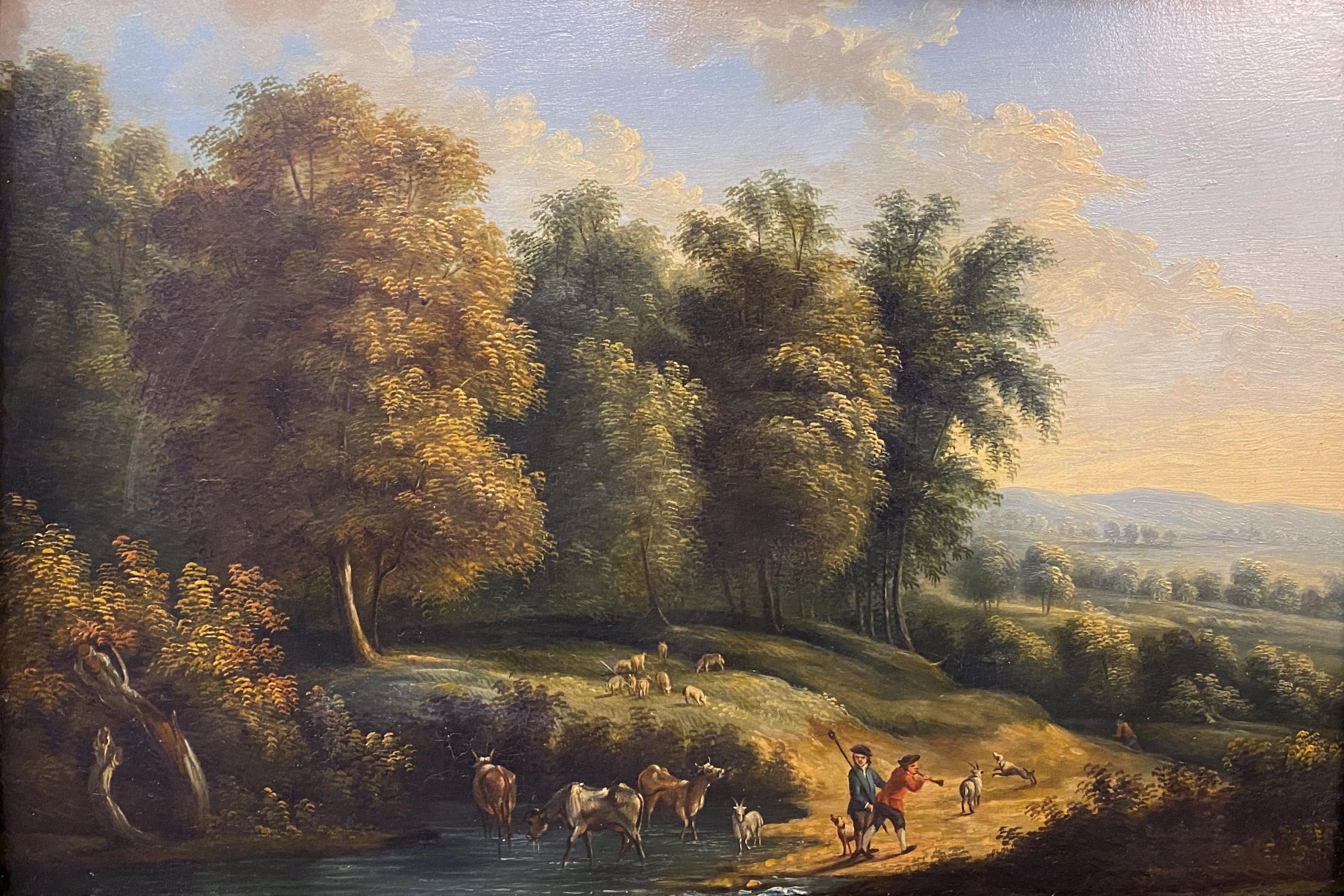 Niederländische oder flämische Landschaft mit Figuren und Tieren – Painting von Unknown