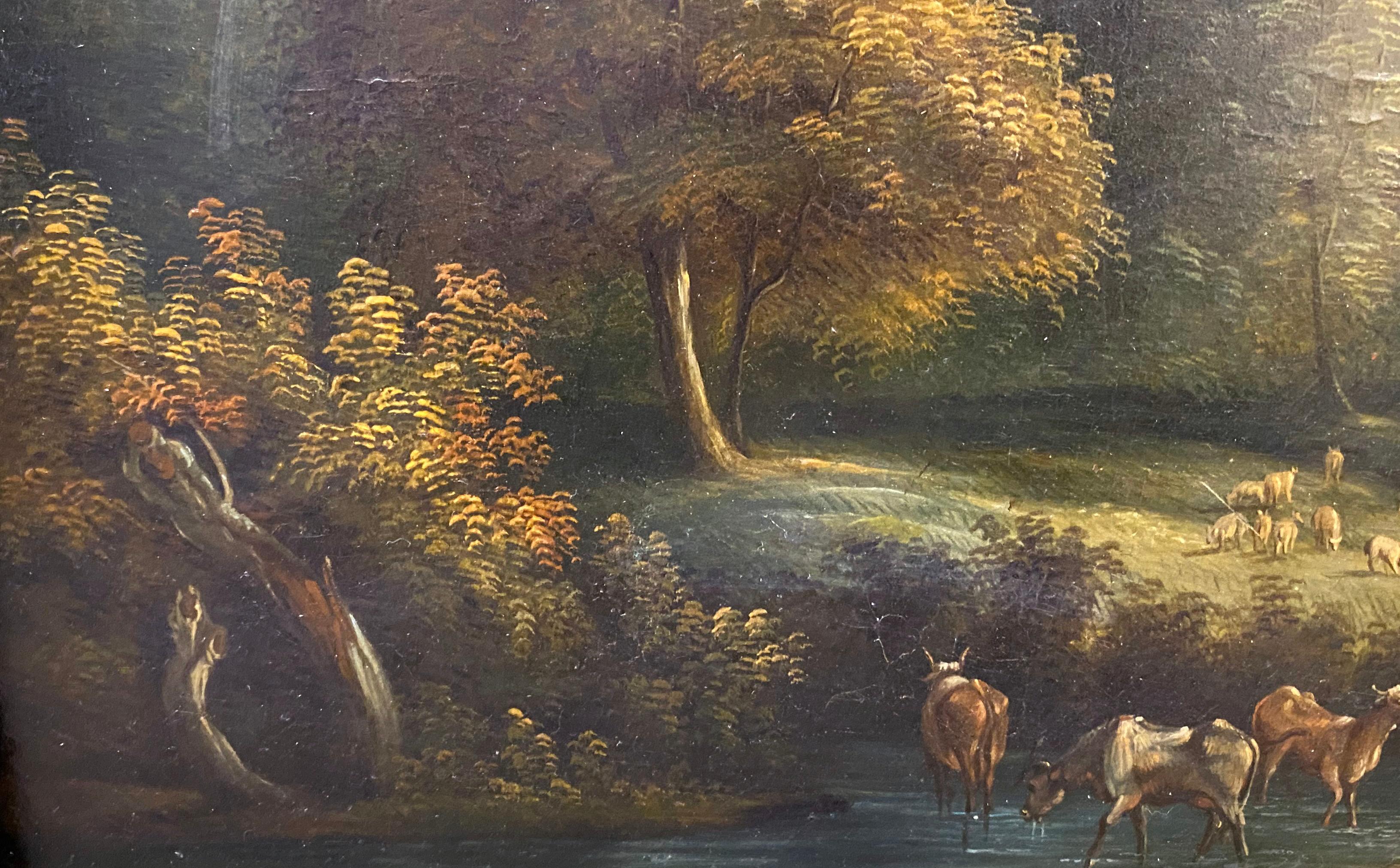 Eine wunderschön detaillierte holländische oder flämische Landschaft aus dem späten 17. oder frühen 18. Jahrhundert mit Kühen, die im Wasser grasen, Ziegen, Hunden und anderen Tieren in der Nähe des Wasserrandes, unter dem wachsamen Auge der Hirten,