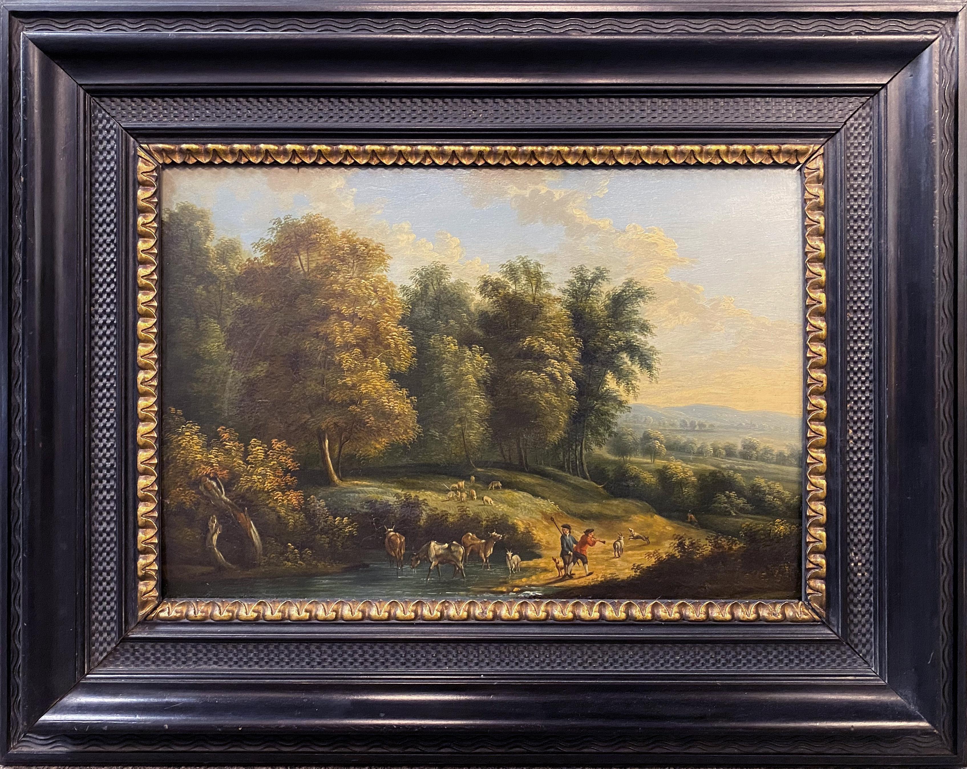 Unknown Landscape Painting - Dutch or Flemish Landscape with Figures & Animals