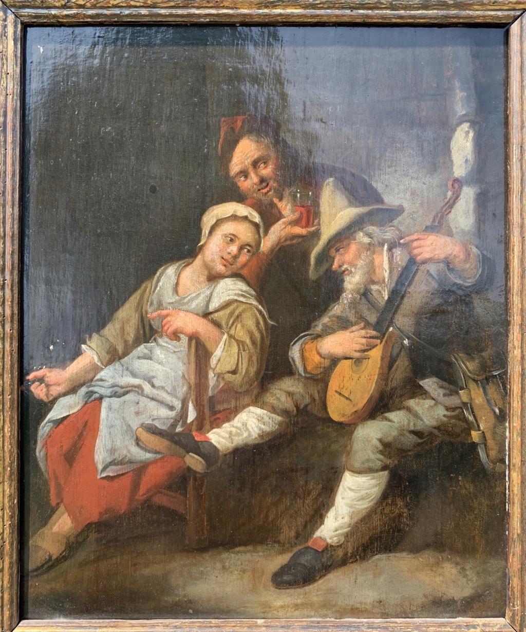 Antique Dutch painter - 18th century figure painting - Interior Tavern mandolin  - Baroque Painting by Unknown