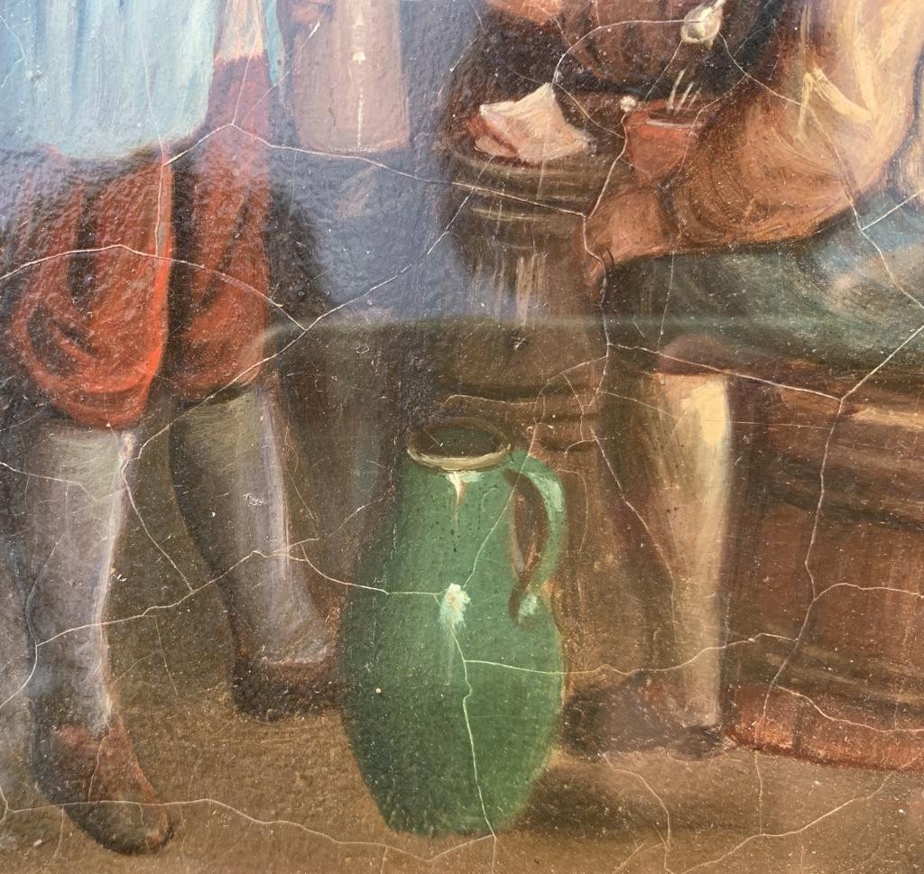 Peintre hollandais (19e siècle) - Intérieur d'une taverne avec des fumeurs.

21 x 18 cm sans cadre, 31 x 28 cm avec cadre.

Paire de peintures à l'huile anciennes sur toile, dans des cadres en bois laqué noir avec des profils dorés.

Condit :