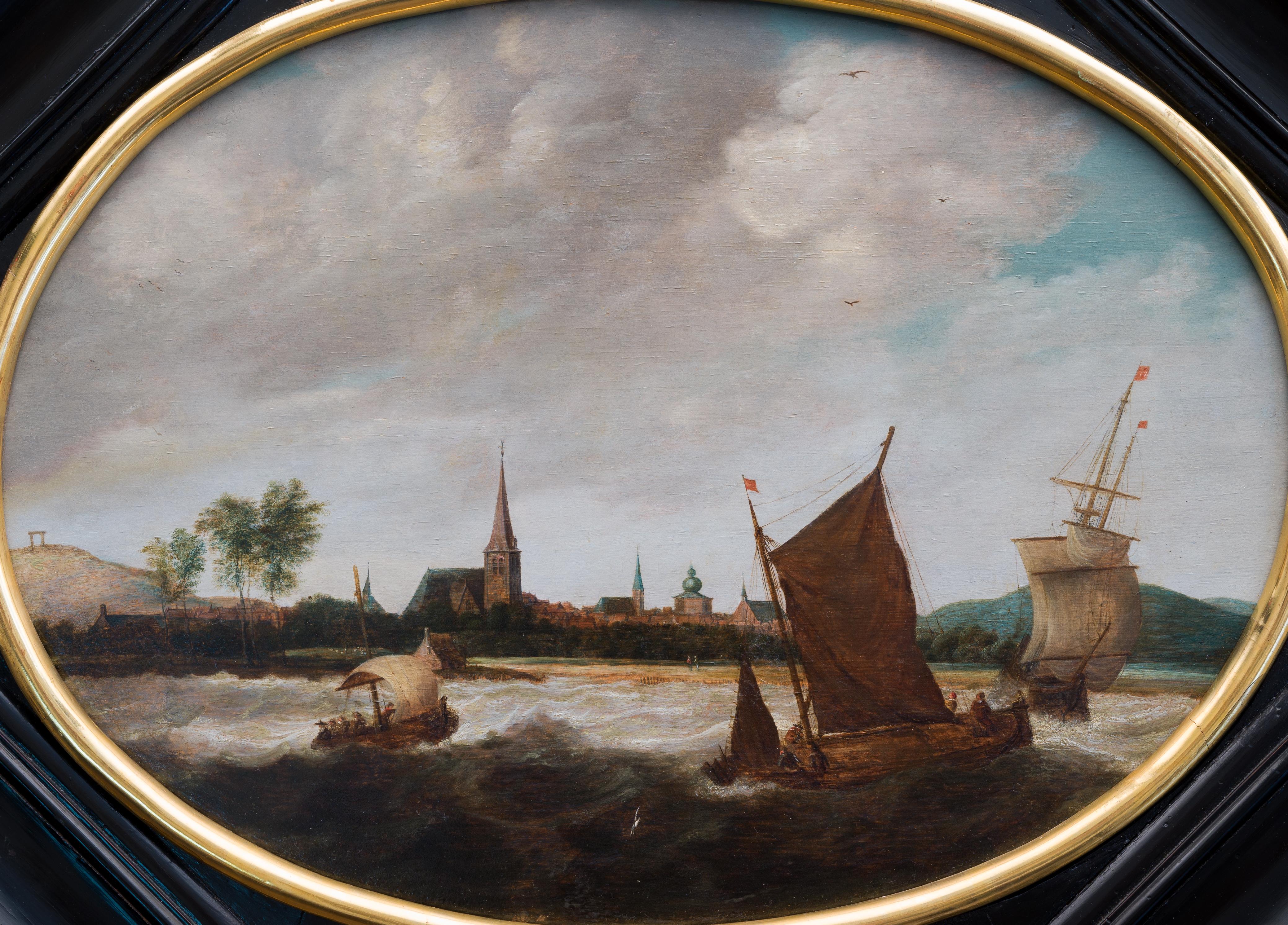 Dutch School, 17th Century, Shipping in a Stiff Breeze, a City Beyond - Painting by Unknown