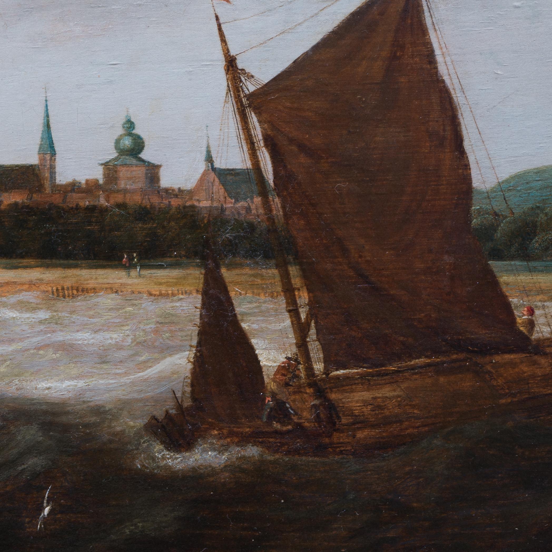 Dutch School, 17th Century, Shipping in a Stiff Breeze, a City Beyond - Old Masters Painting by Unknown