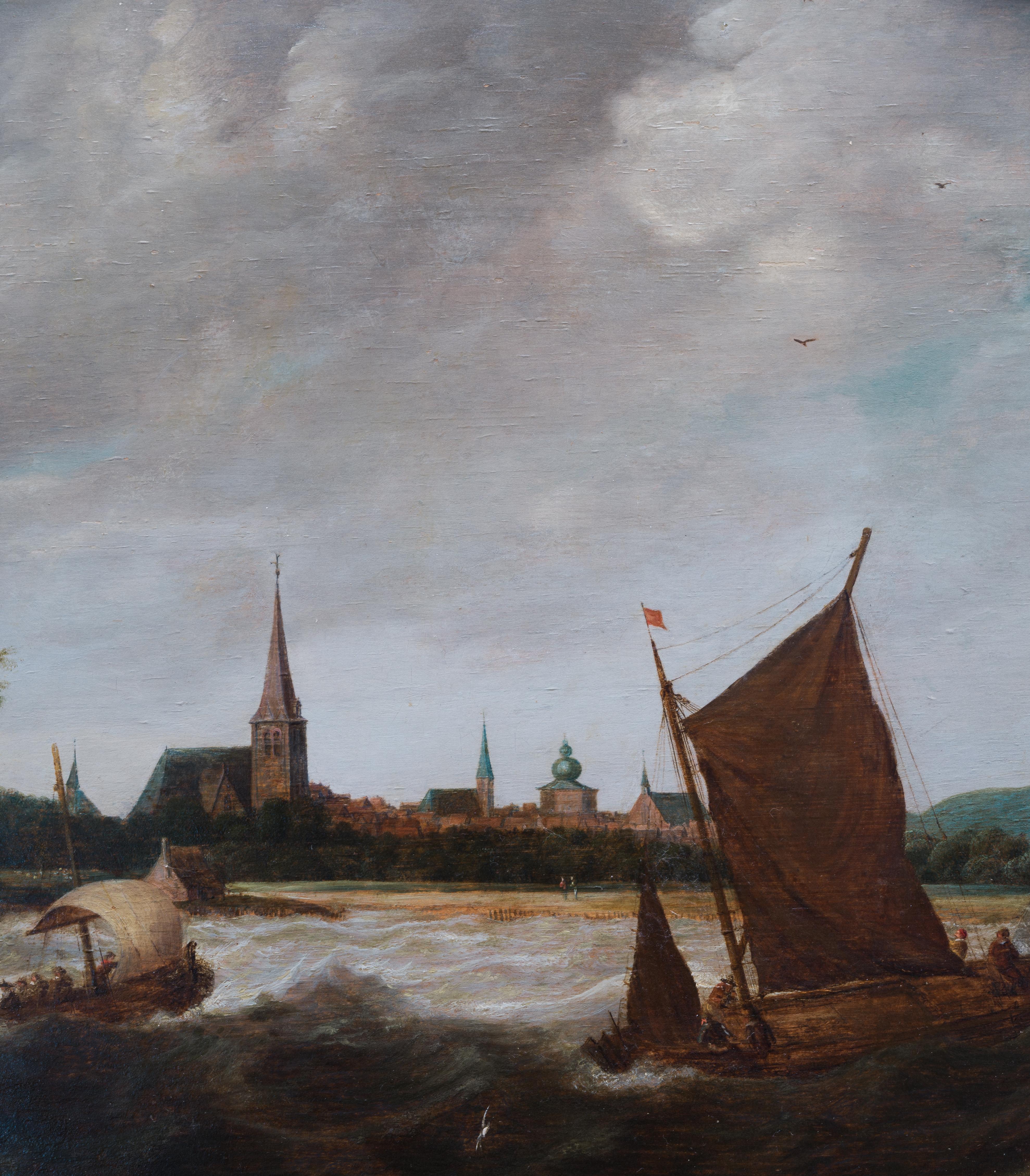 We are delighted to present a significant piece from the Dutch School, most likely dating back to the late 17th century. This captivating painting showcases the dynamic force of nature with three ships vigorously navigating through stormy waters.
