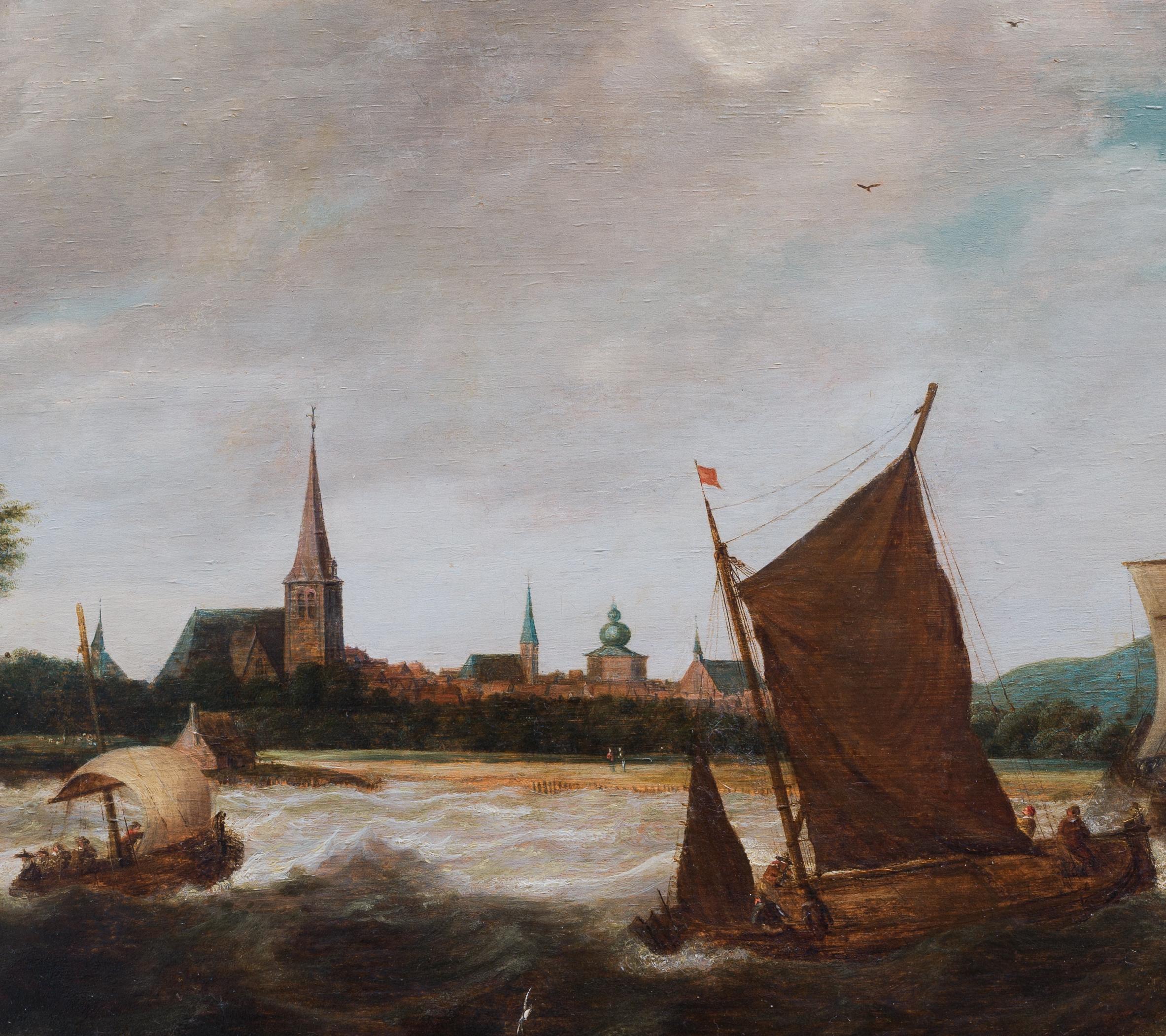 Dutch School, 17th Century, Shipping in a Stiff Breeze, a City Beyond For Sale 1