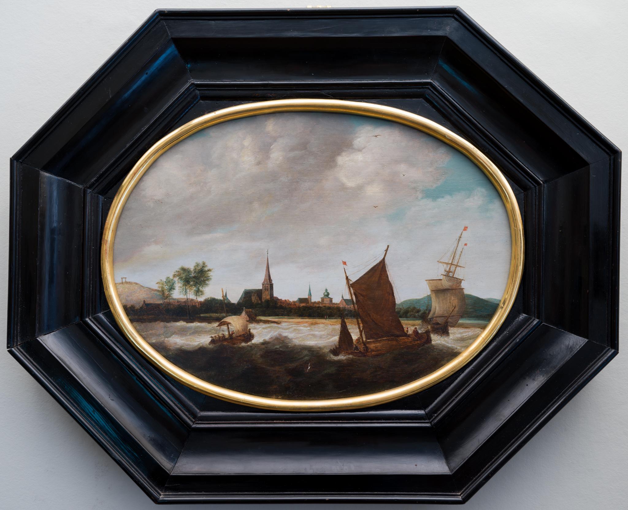 Unknown Figurative Painting - Dutch School, 17th Century, Shipping in a Stiff Breeze, a City Beyond
