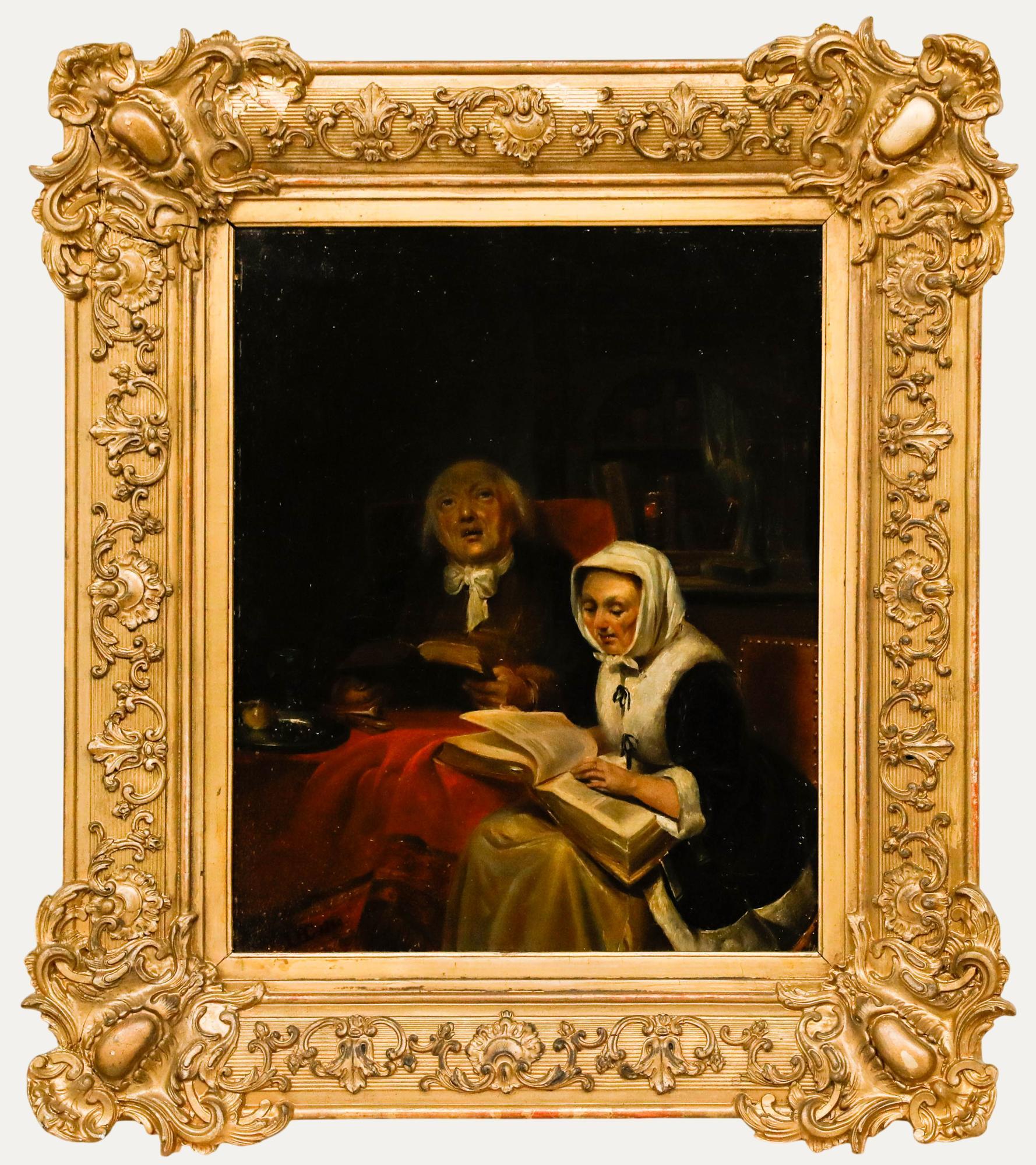 Dutch School 1852 Oil - Reading the Bible