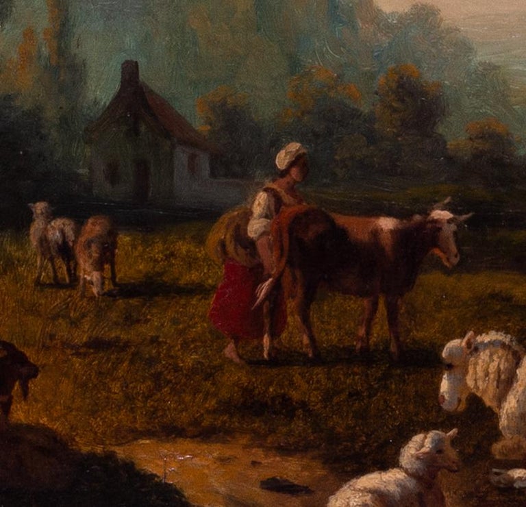 Dutch School 18th / 19th Century oil painting 'Tending to livestock' - Brown Animal Painting by Unknown