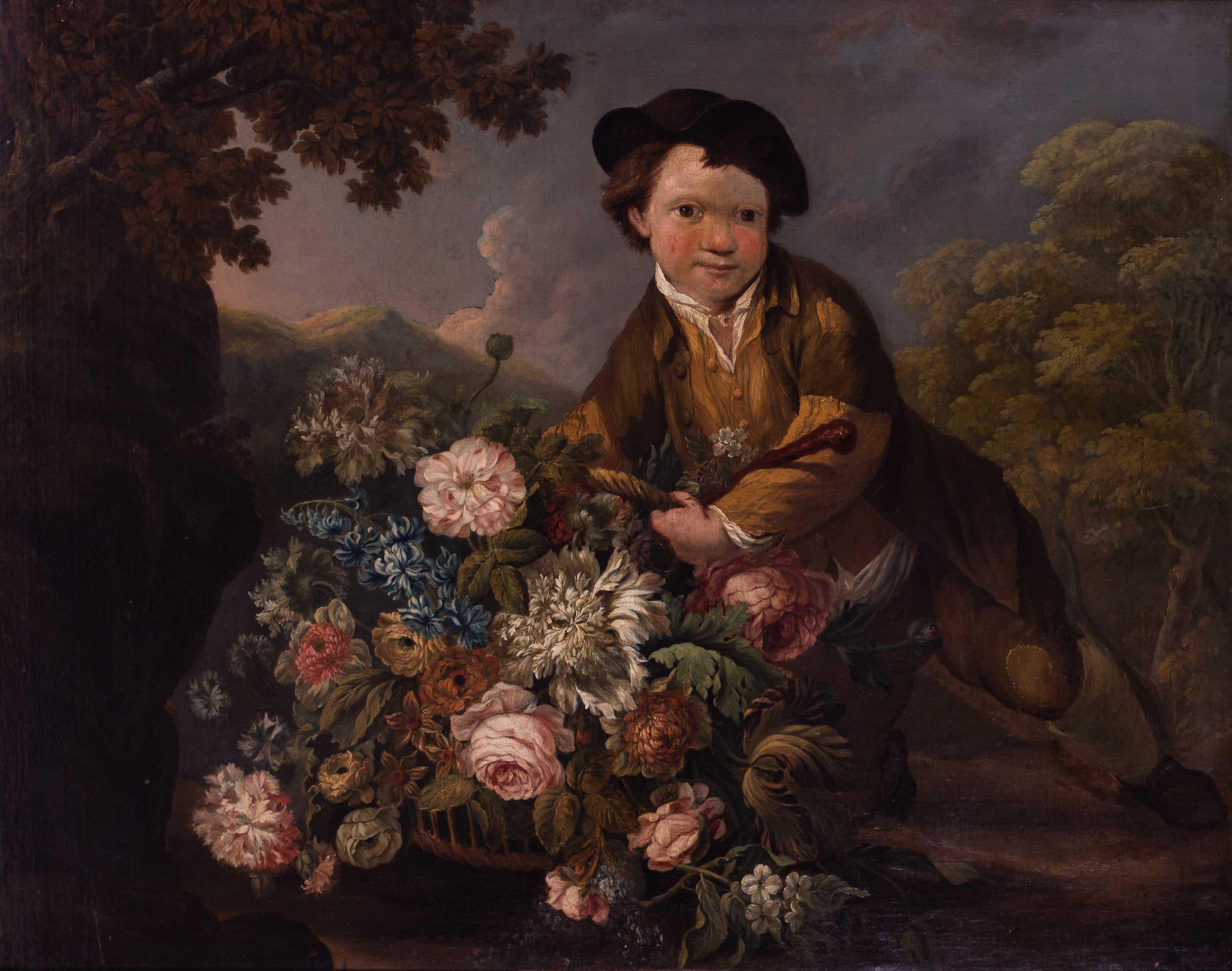 Dutch School, 18th Century, Boy with a basketful of flowers - Painting by Unknown