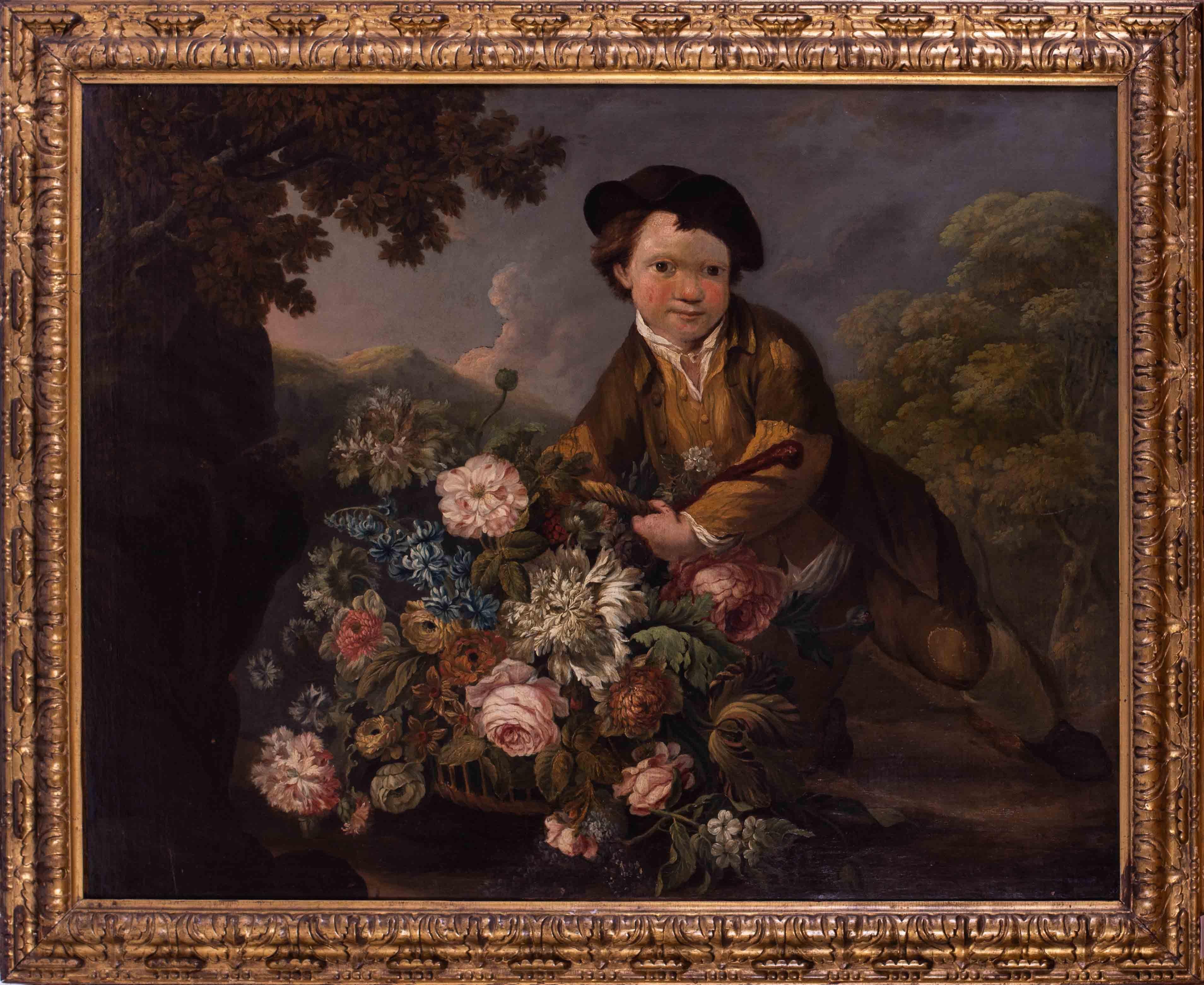 Unknown Figurative Painting - Dutch School, 18th Century, Boy with a basketful of flowers