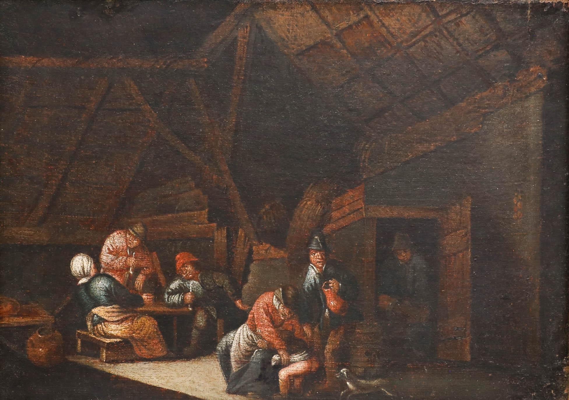 Öl der holländischen Schule aus dem 18. Jahrhundert - Ein Drink im Gasthaus – Painting von Unknown