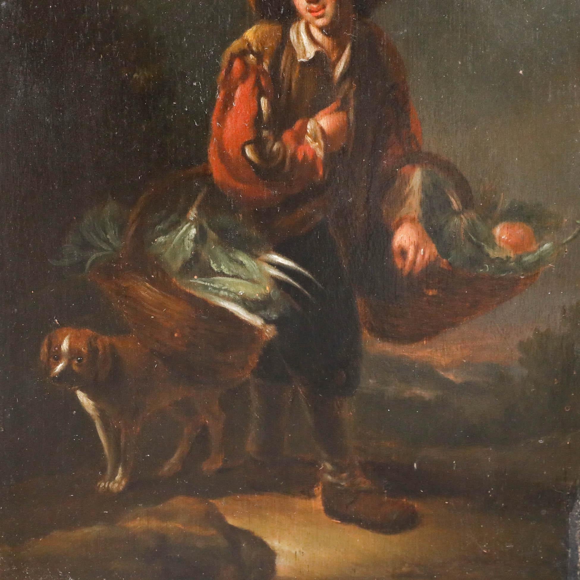 Eine charmante Ölstudie, die eine Gemüseverkäuferin in traditioneller holländischer Kleidung zeigt, die Körbe mit Grünzeug trägt. Zu seinen Füßen schaut ein Terrier direkt zum Betrachter. In einer dramatischen Hell-Dunkel-Technik aufgenommen,
