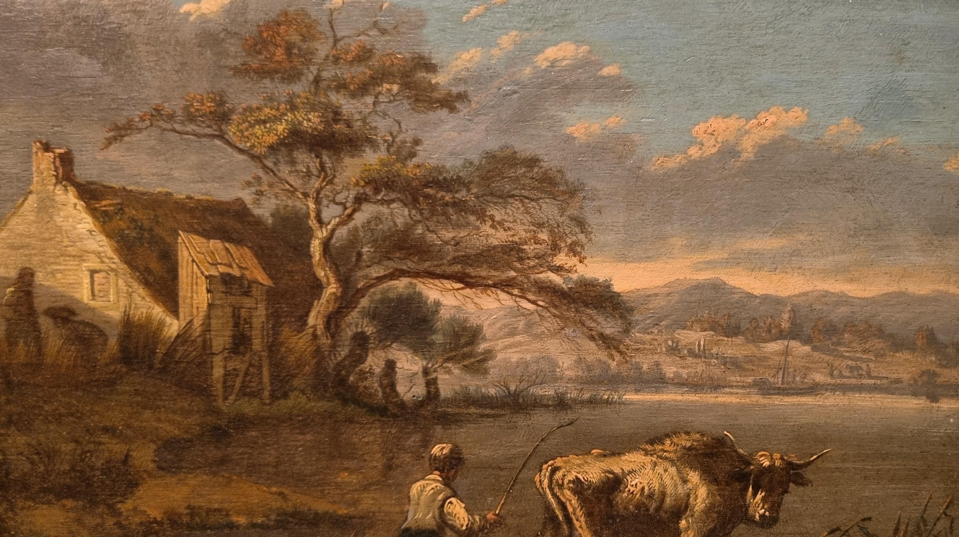 L'école hollandaise RUYSDAEL du 18ème siècle huile sur bois Monogramme de paysage rivière de taureau - École hollandaise Painting par Unknown
