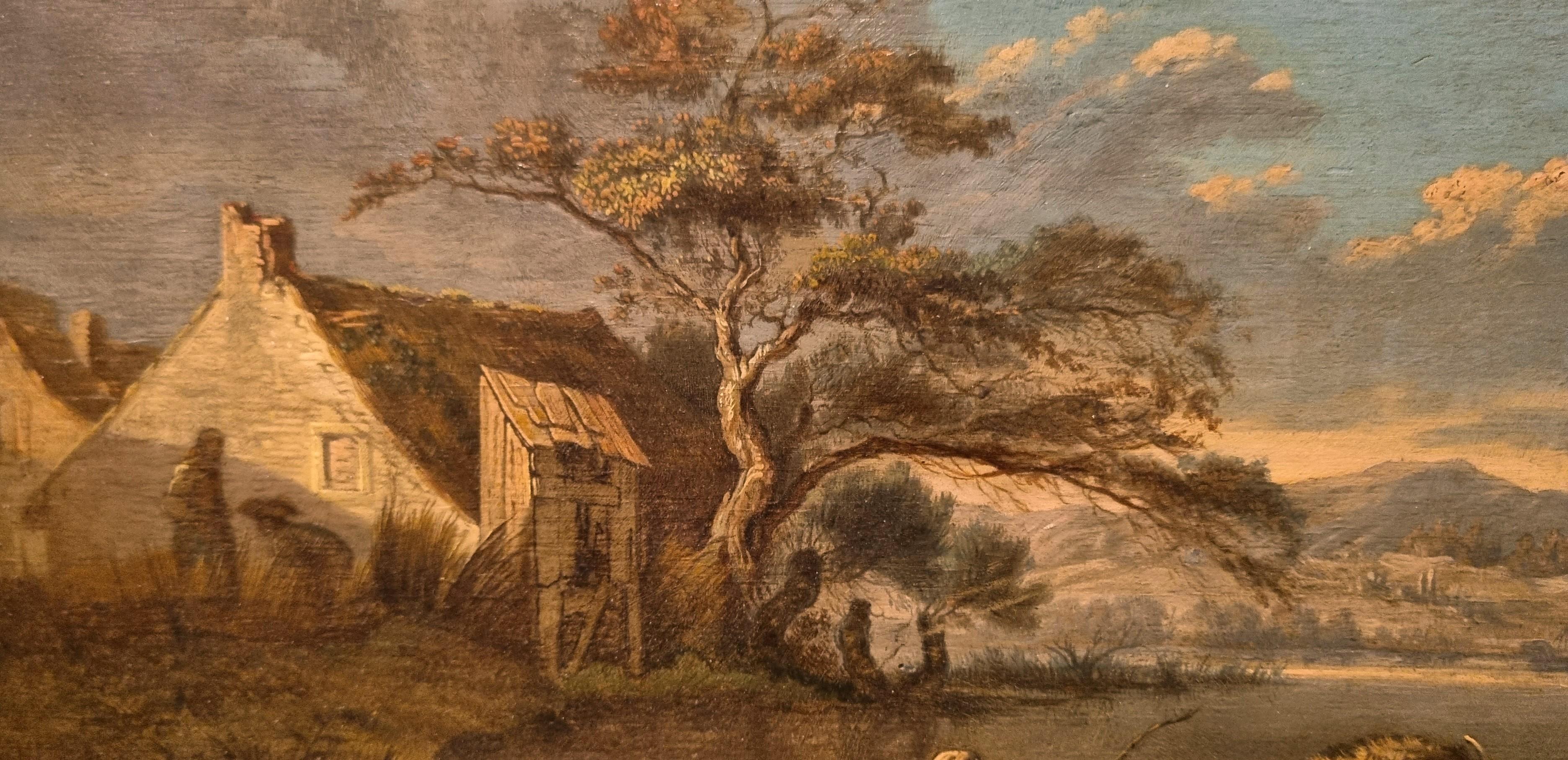 L'école hollandaise RUYSDAEL du 18ème siècle huile sur bois Monogramme de paysage rivière de taureau - Marron Landscape Painting par Unknown