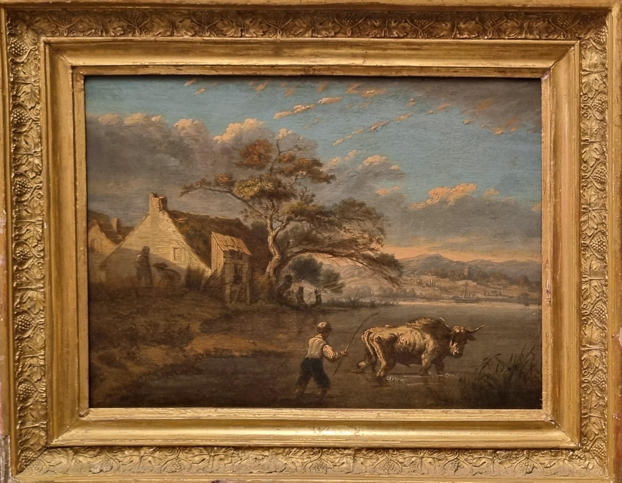 Landscape Painting Unknown - L'école hollandaise RUYSDAEL du 18ème siècle huile sur bois Monogramme de paysage rivière de taureau