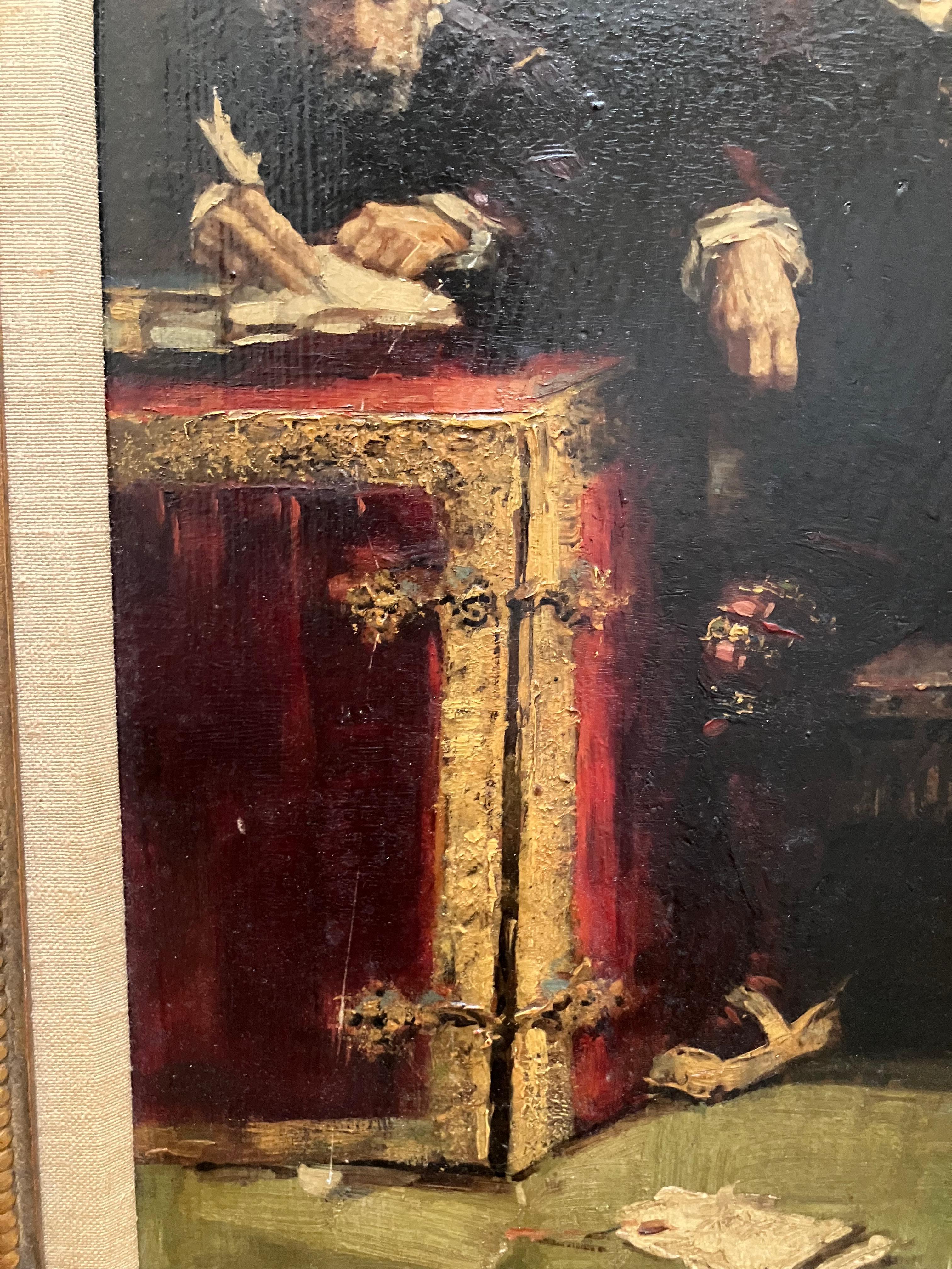 Superbe huile sur panneau, probablement de l'école hollandaise. Elle semble dater d'au moins 19 siècles, voire plus tôt. La scène représente un homme très important, ou peut-être un membre de la famille royale, avec un scribe prenant des notes sous