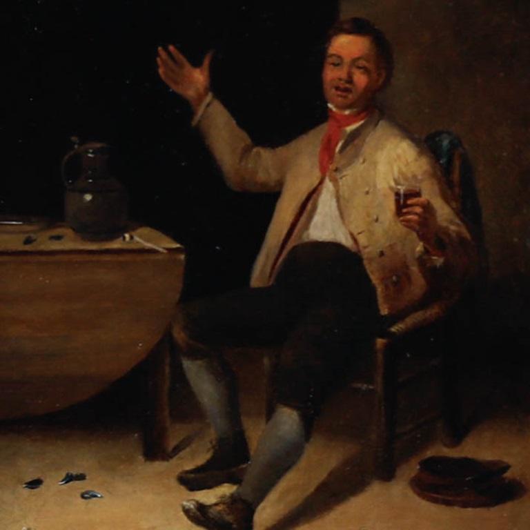 Ce portrait de style hollandais représente un joyeux buveur de taverne dans un intérieur faiblement éclairé, faisant un geste d'une main tout en tenant un verre de vin dans l'autre. On peut voir un flacon et une pipe en terre reposant sur le plateau