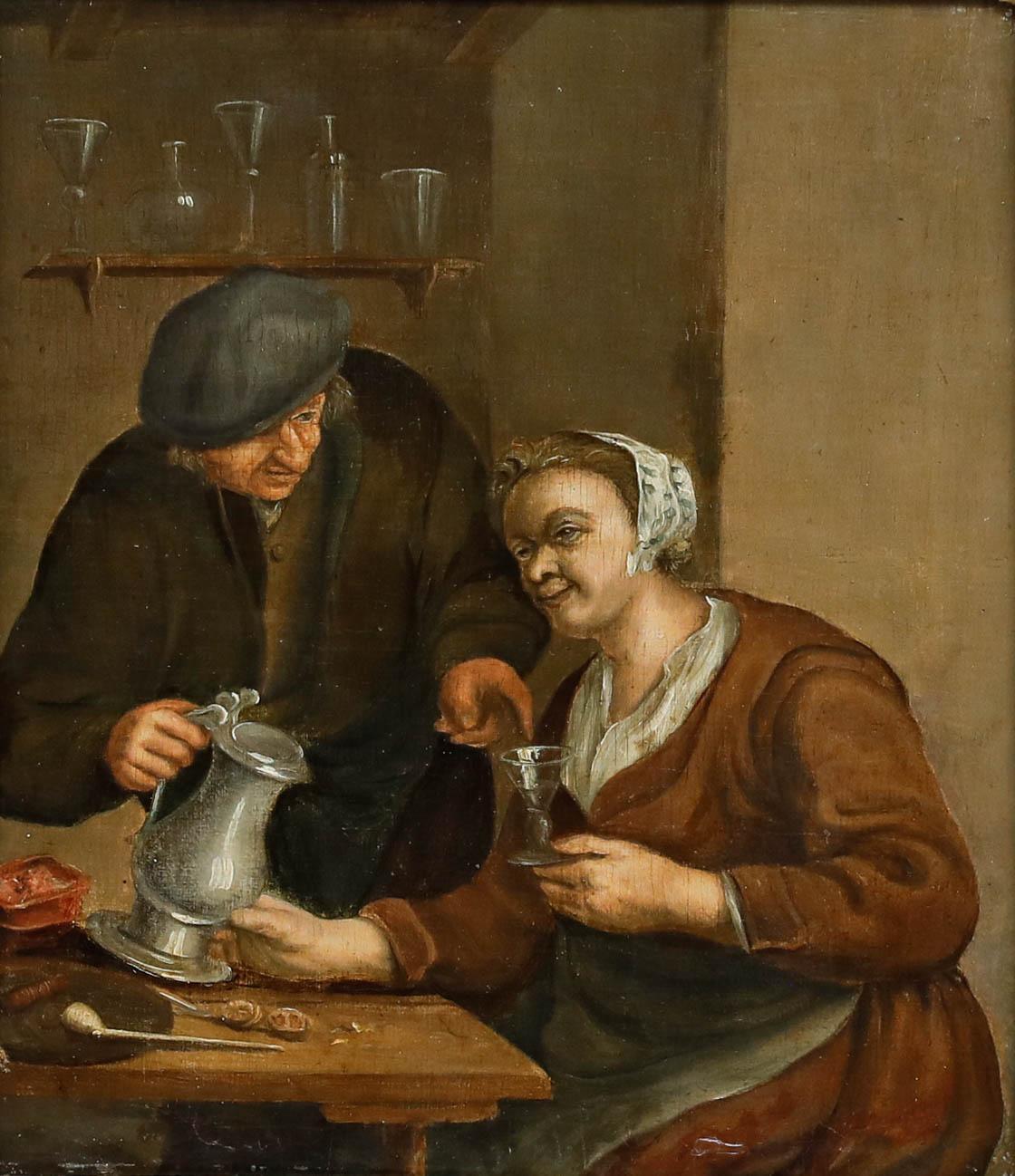 Huile de l'école hollandaise du 19e siècle - Couple à table - Painting de Unknown