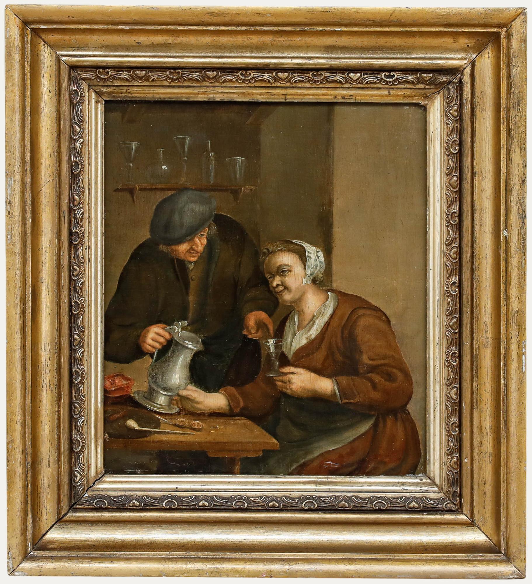 Huile de l'école hollandaise du 19e siècle - Couple à table
