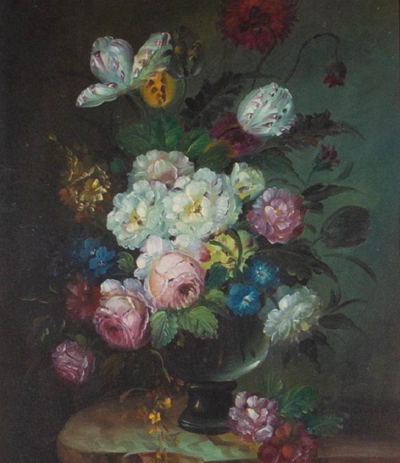 A fine contemporary floral still life in the manner of the traditional Dutch school classical masters. The flowers include tiger tulips, roses and plume poppies. The painting is unsigned and presented in an incredibly substantial and heavy